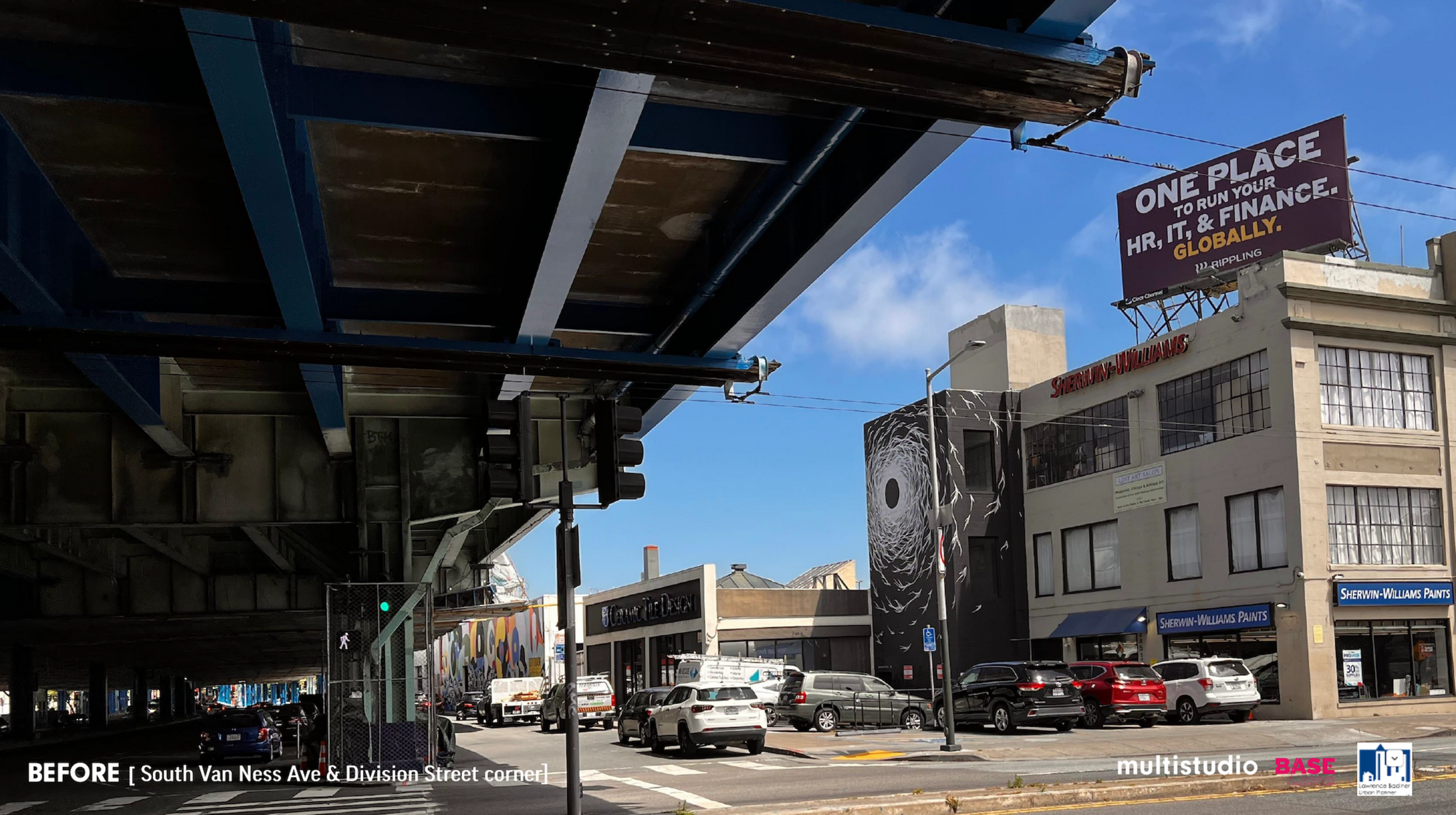 The image shows a busy street corner under an overpass, with buildings, cars, and a billboard. The billboard advertises HR, IT, and finance services.