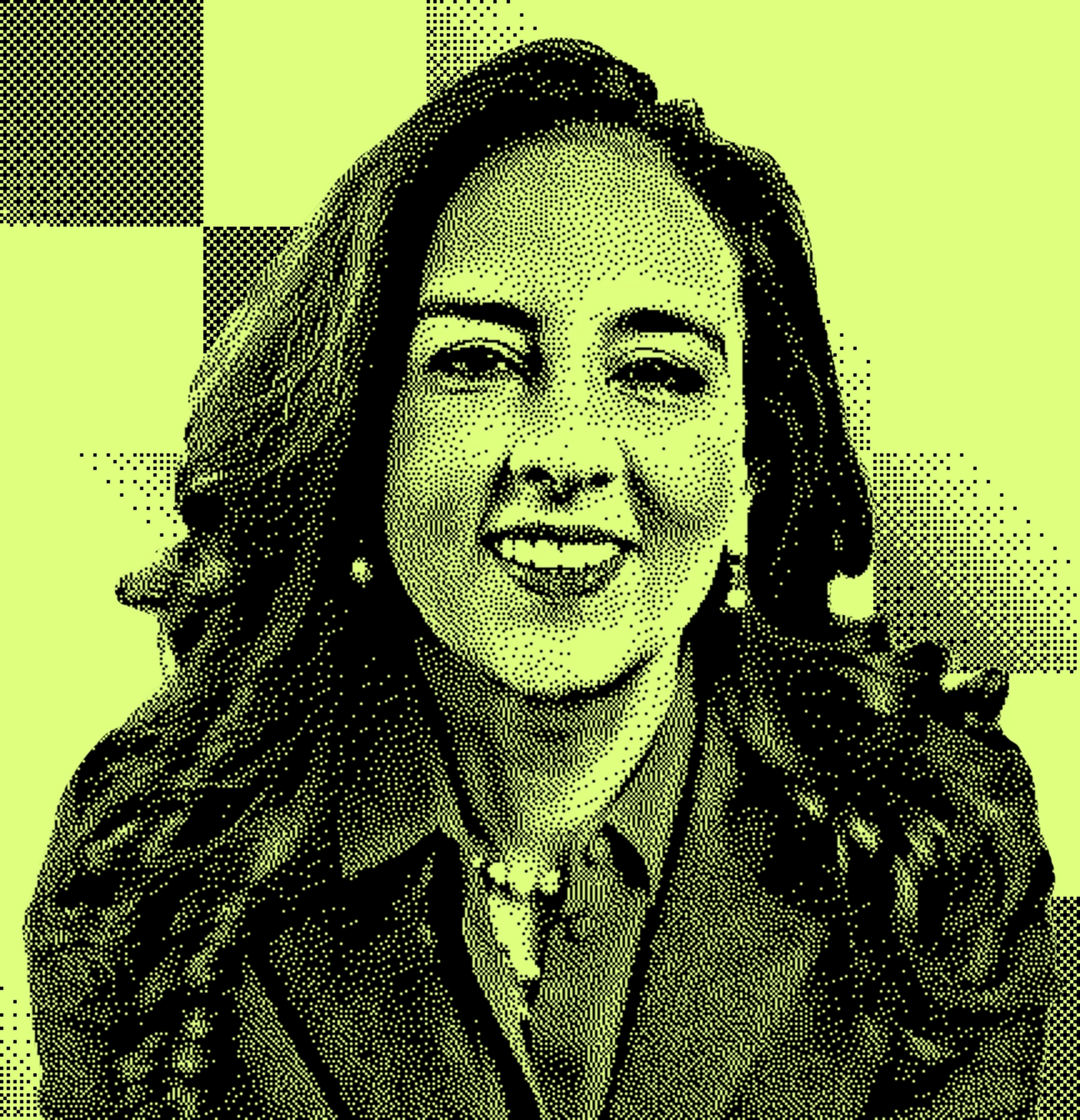 The image features a woman with curly hair, smiling. It's stylized in green and black dots, resembling a pop art or halftone effect.