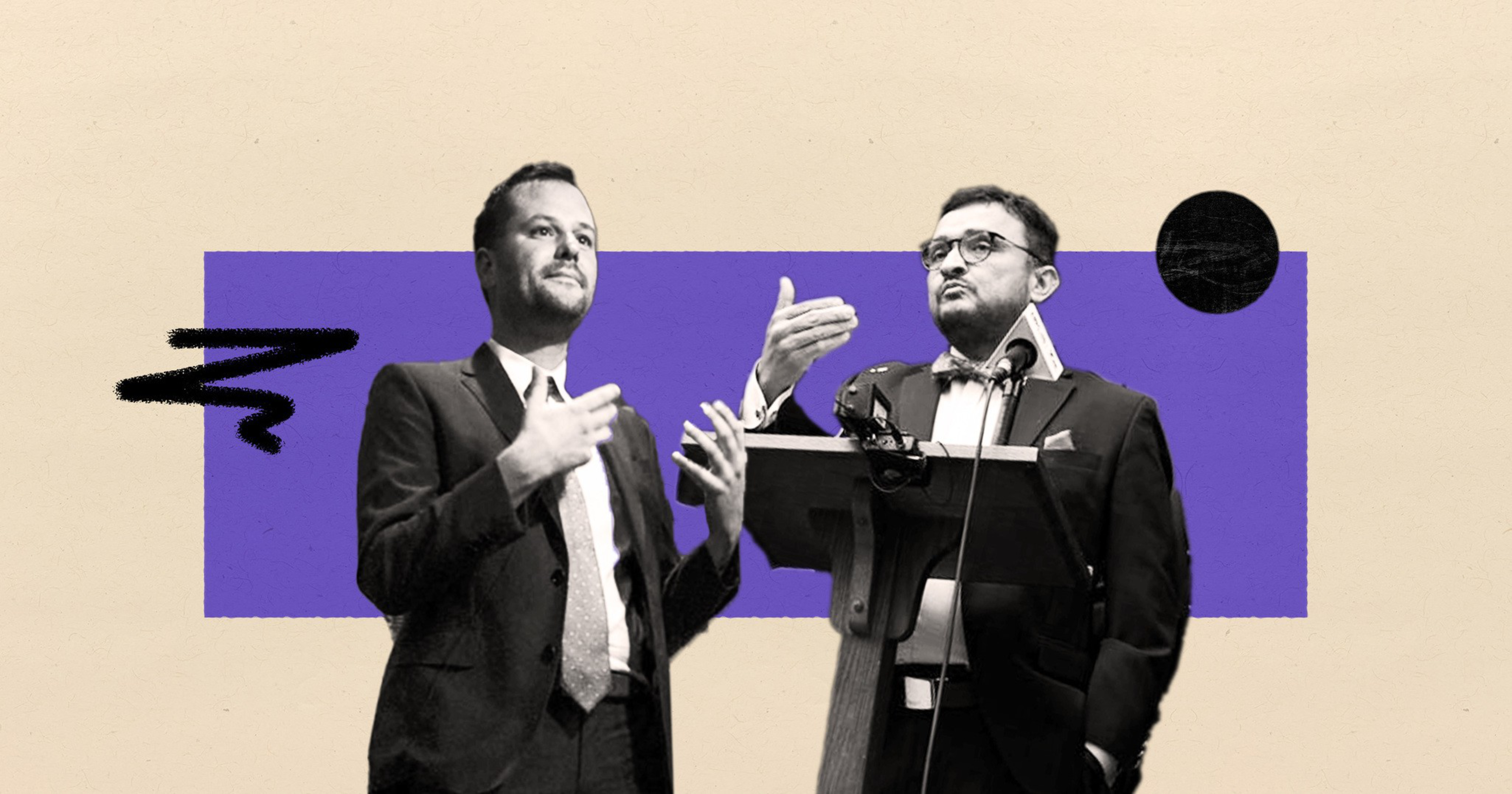 Two men in suits are engaged in conversation or debate, one standing behind a podium with a microphone, against a minimalist purple and beige backdrop.