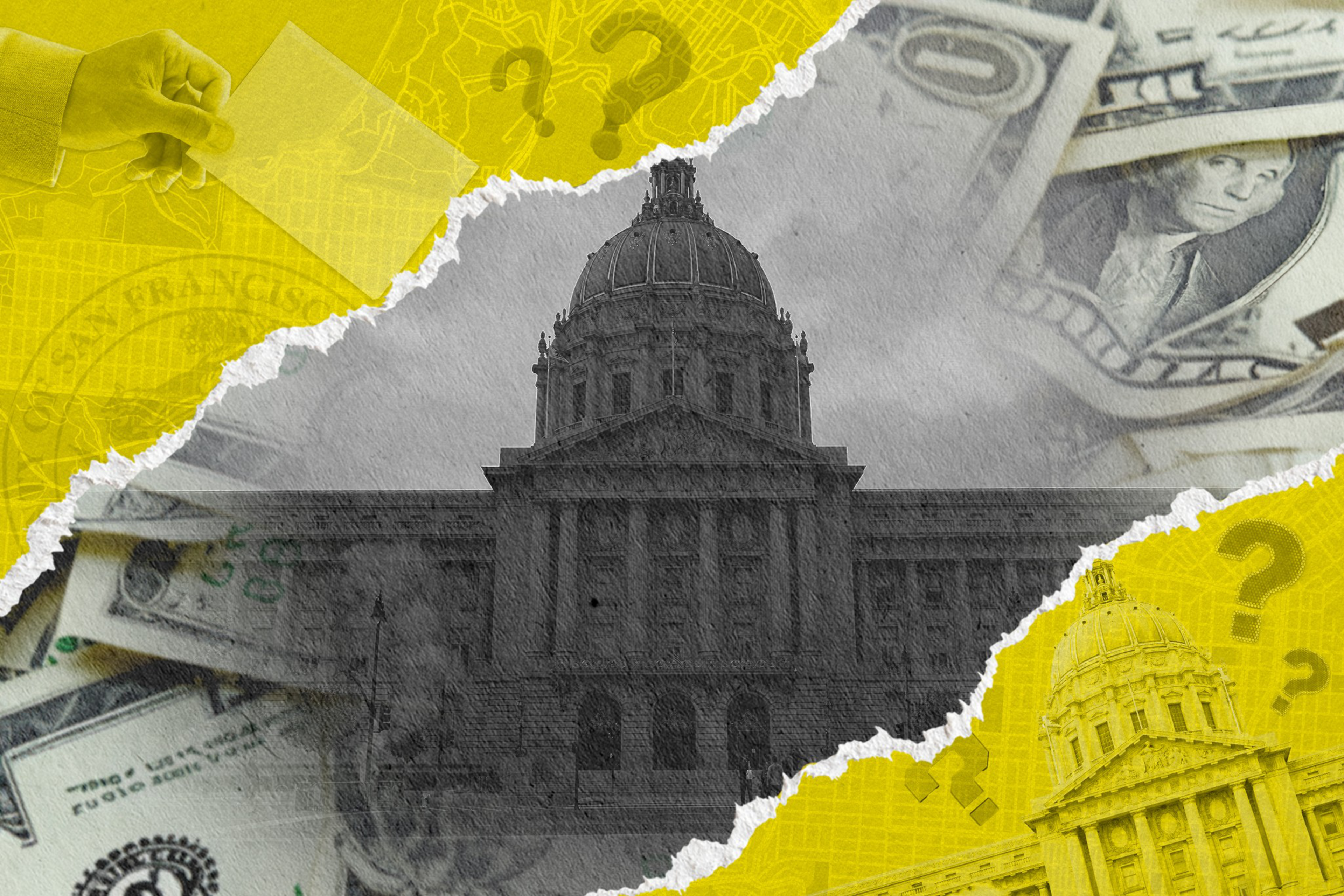 The image features a central dome building split between gray and yellow backgrounds, surrounded by currency, a hand with a ballot, and many question marks.