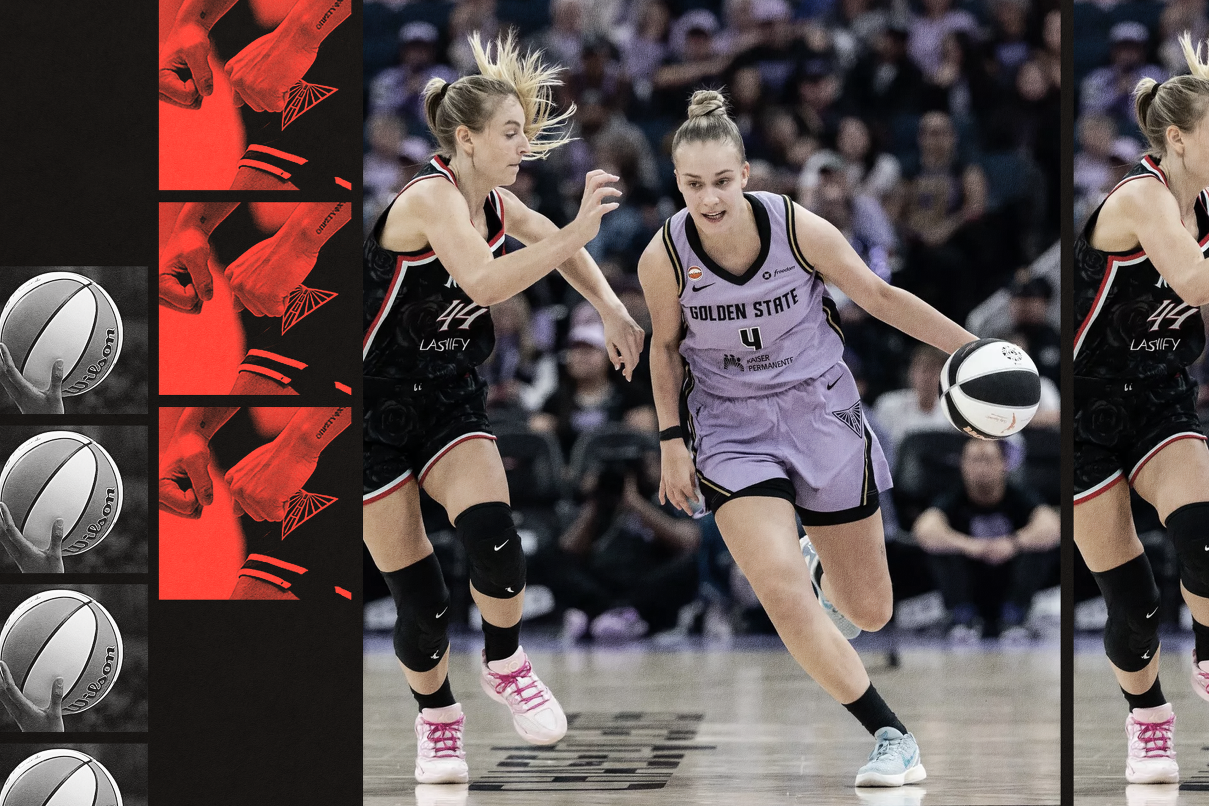 A female basketball player in a Golden State uniform dribbles the ball past a defender wearing a black and red uniform during a game.