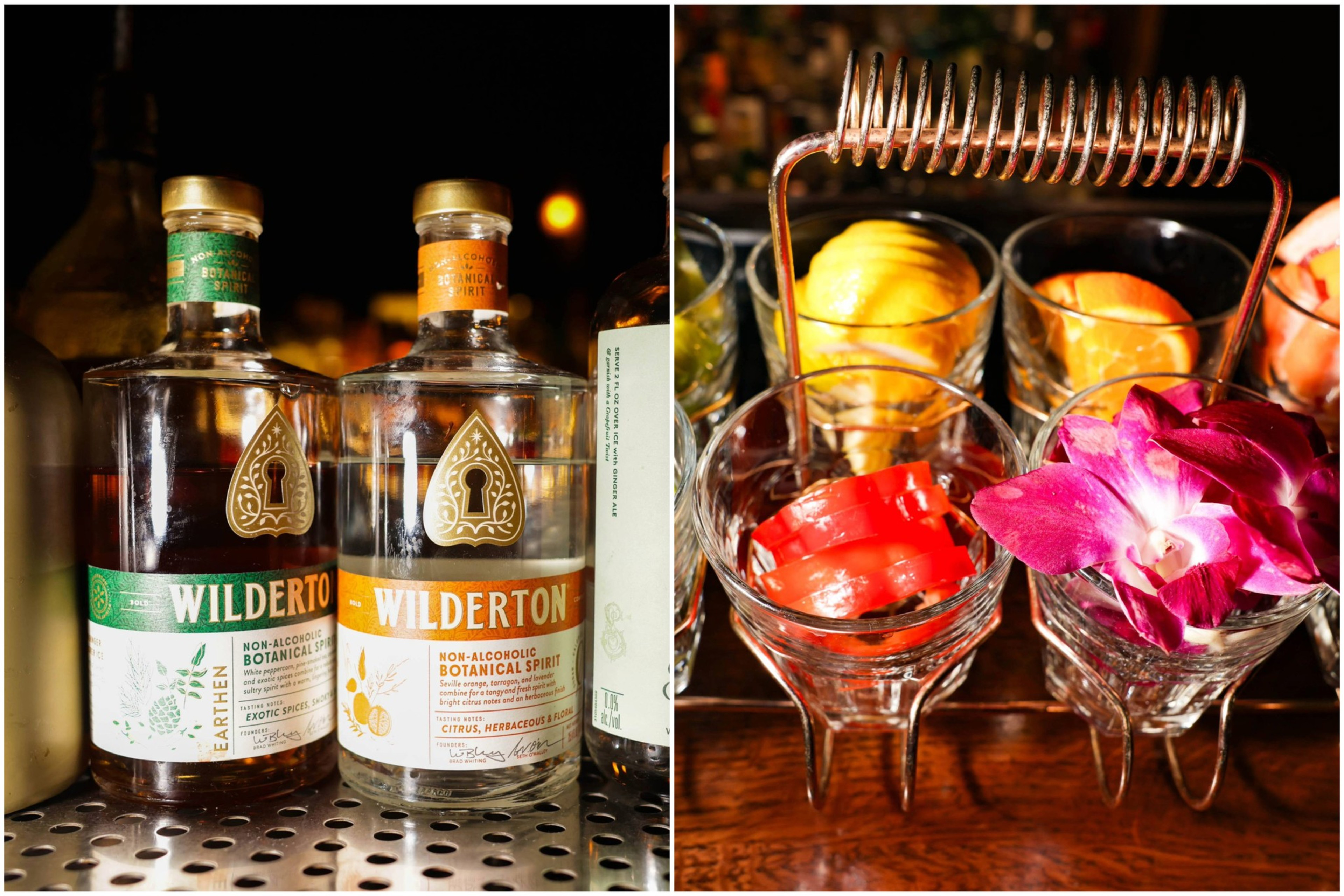 a composite image of two nonalcoholic spirit bottles and two cocktails with tropical flowers and garnishes.