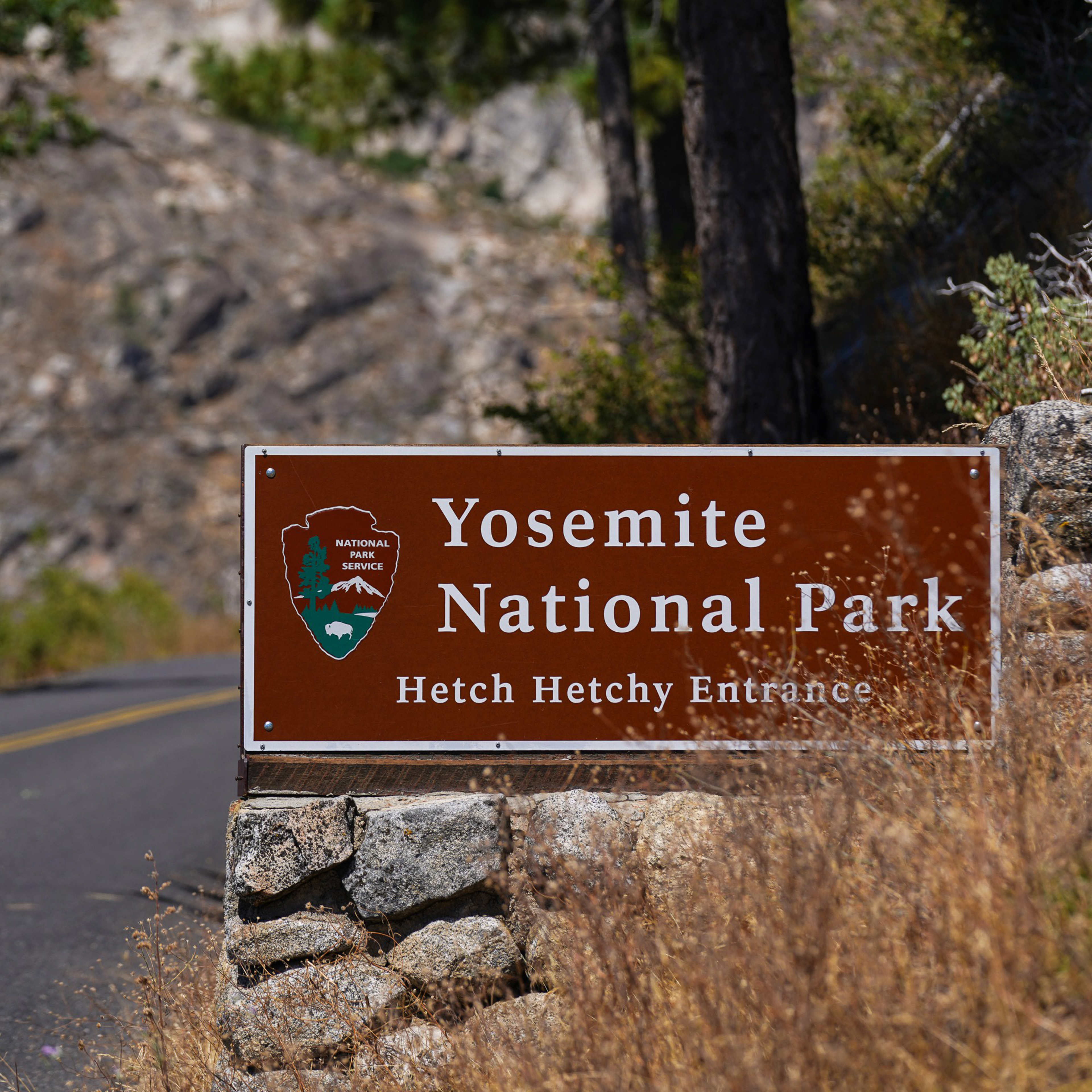 A brown sign reads &quot;Yosemite National Park, Hetch Hetchy Entrance&quot; with the National Park Service emblem. It sits next to a stone wall along a road.
