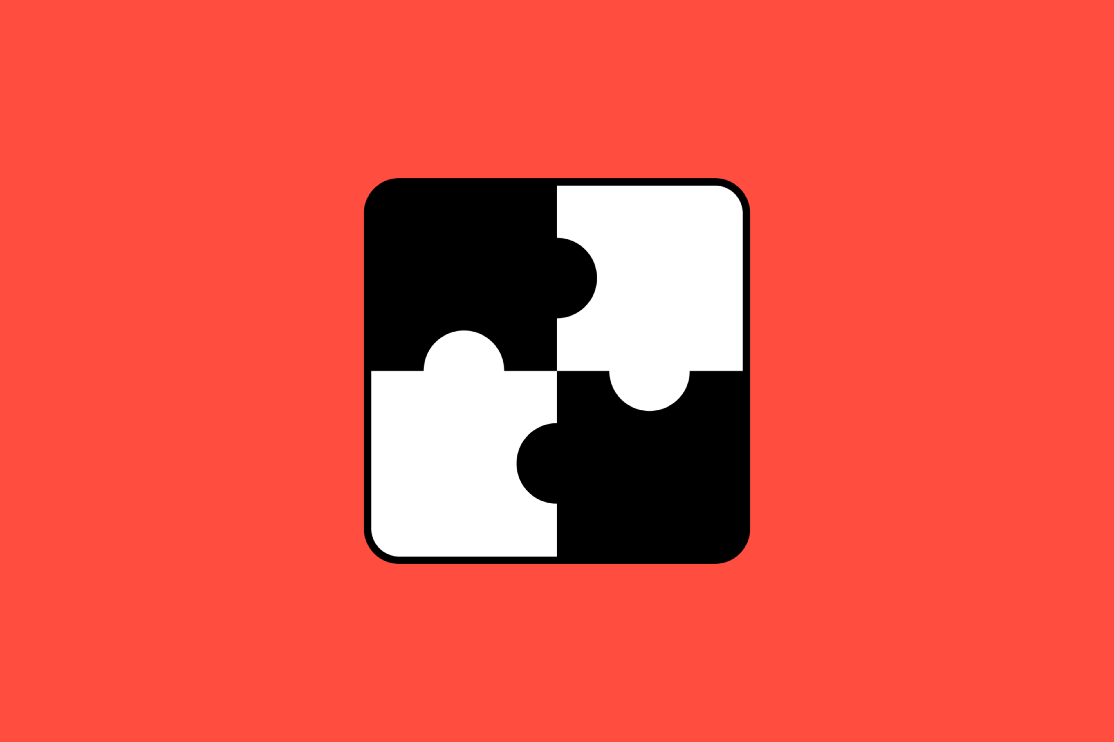 A square puzzle piece icon divided into four interlocking sections, alternating black and white, set against a red background.