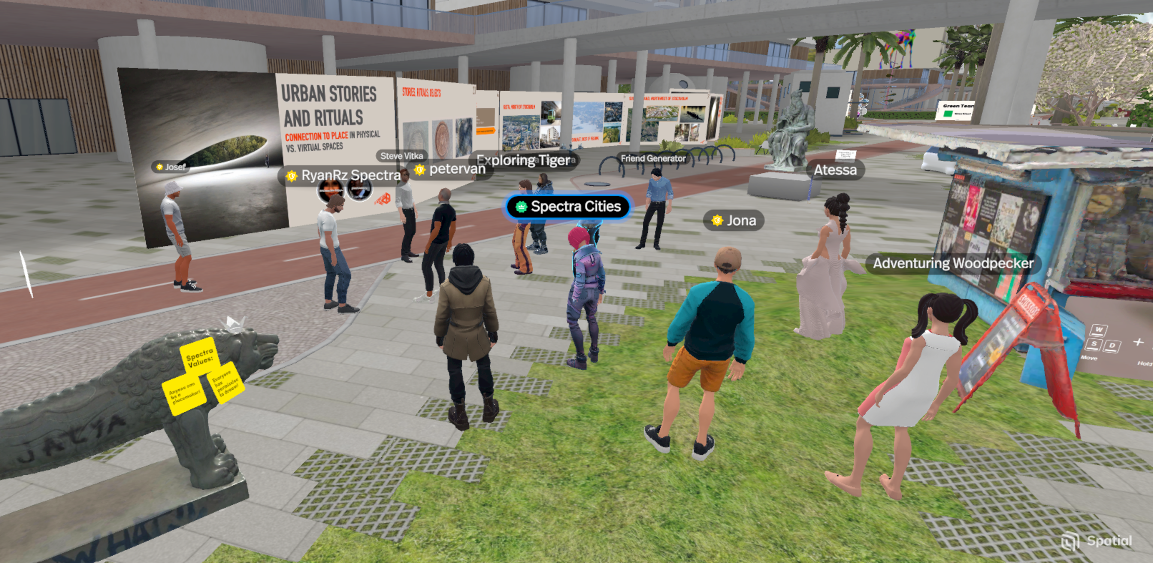A group of virtual avatars gather outdoors near art displays, with name tags floating above each and large posters about urban stories in the background.