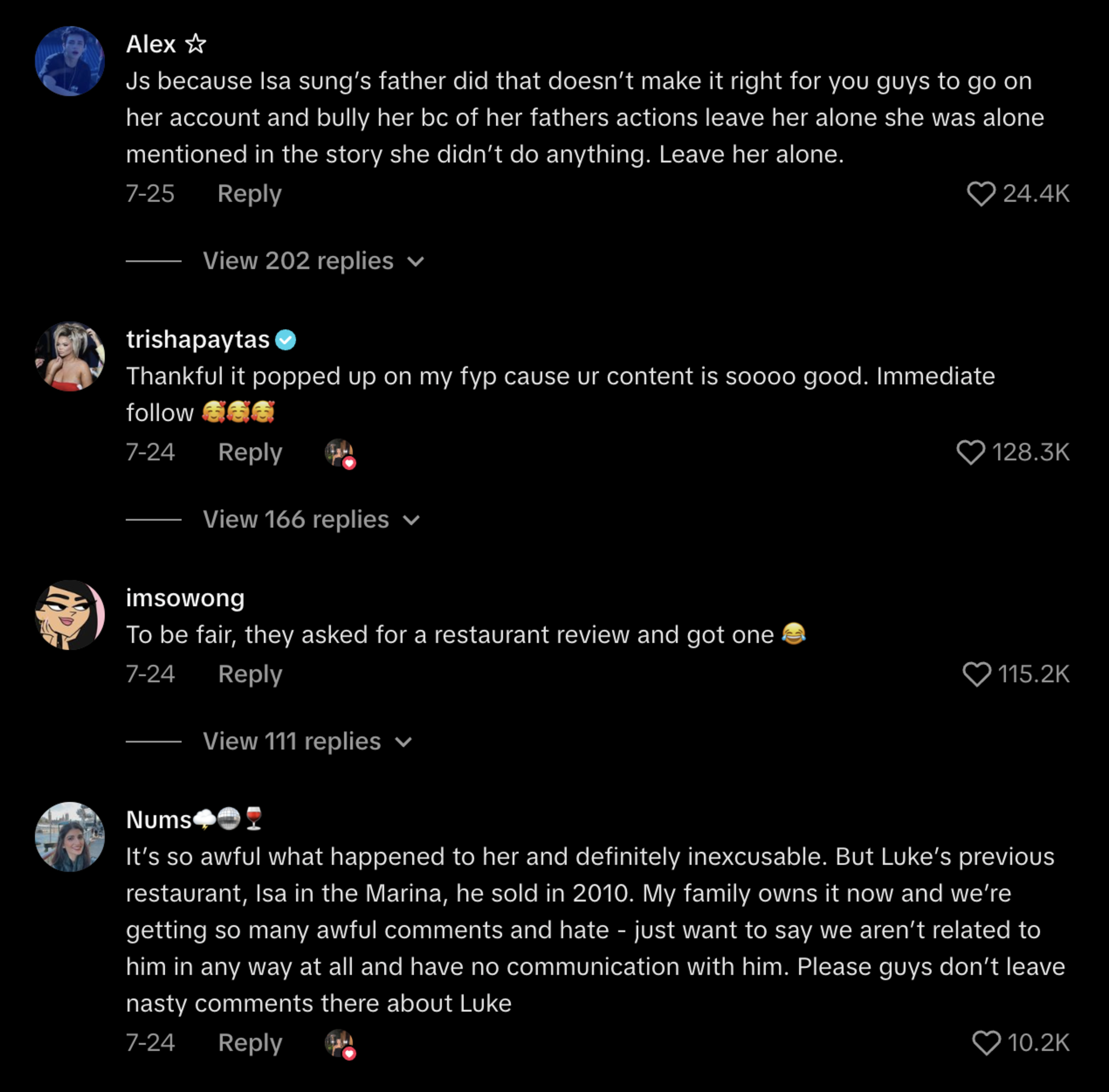 Comments discuss defending Isa Sung from bullying due to her father's actions, praising content, a joke about a restaurant review, and a family distancing from a past restaurant owner.