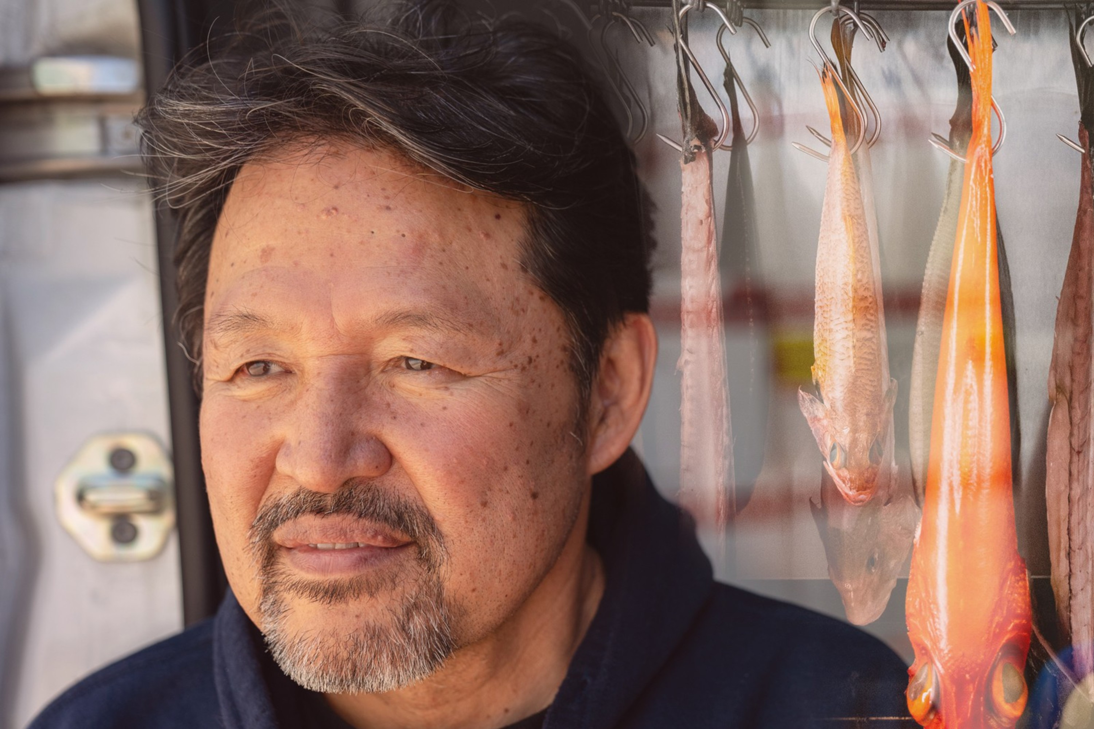 A photo composite of Yoshimichi Takahashi, who leads the U.S. team of Japanese-based fish company Sakuskyu and fish being dried at Aikidoâ€™s on Wednesday.
