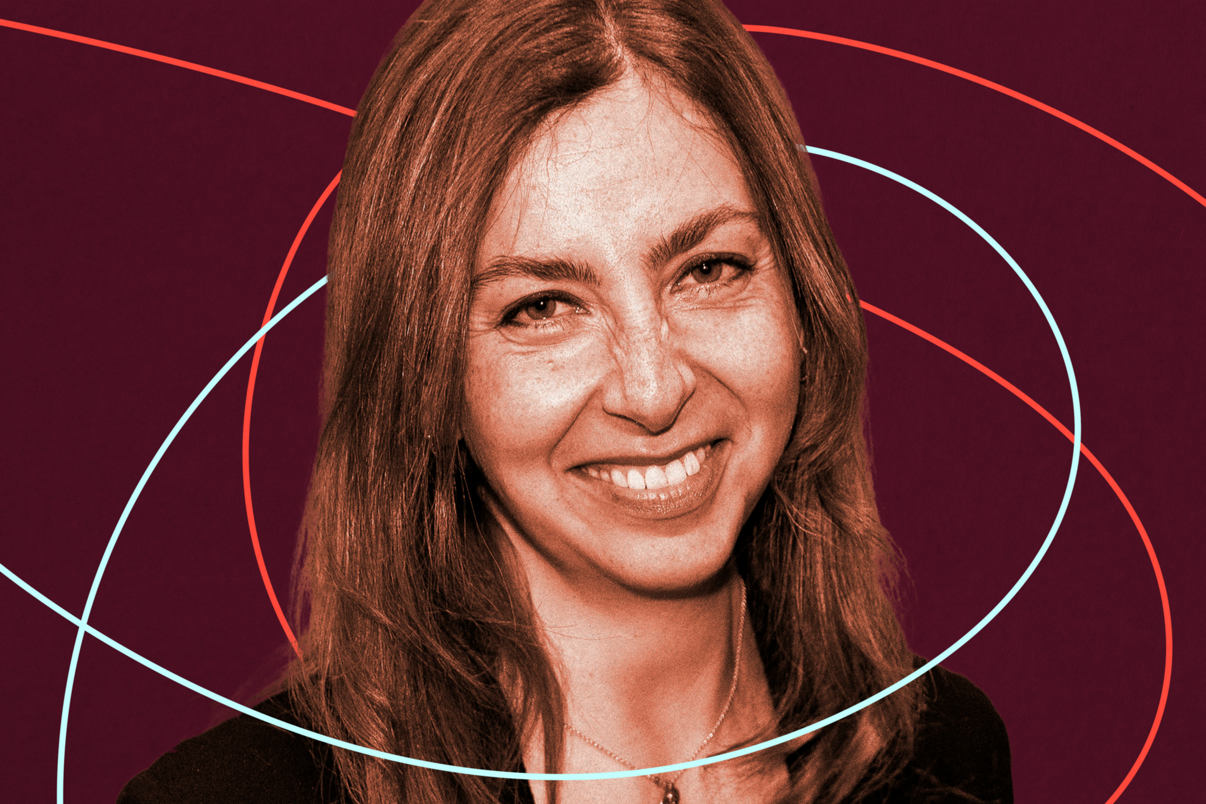A woman with long brown hair smiles warmly against a dark maroon background with intersecting red and light blue curved lines.