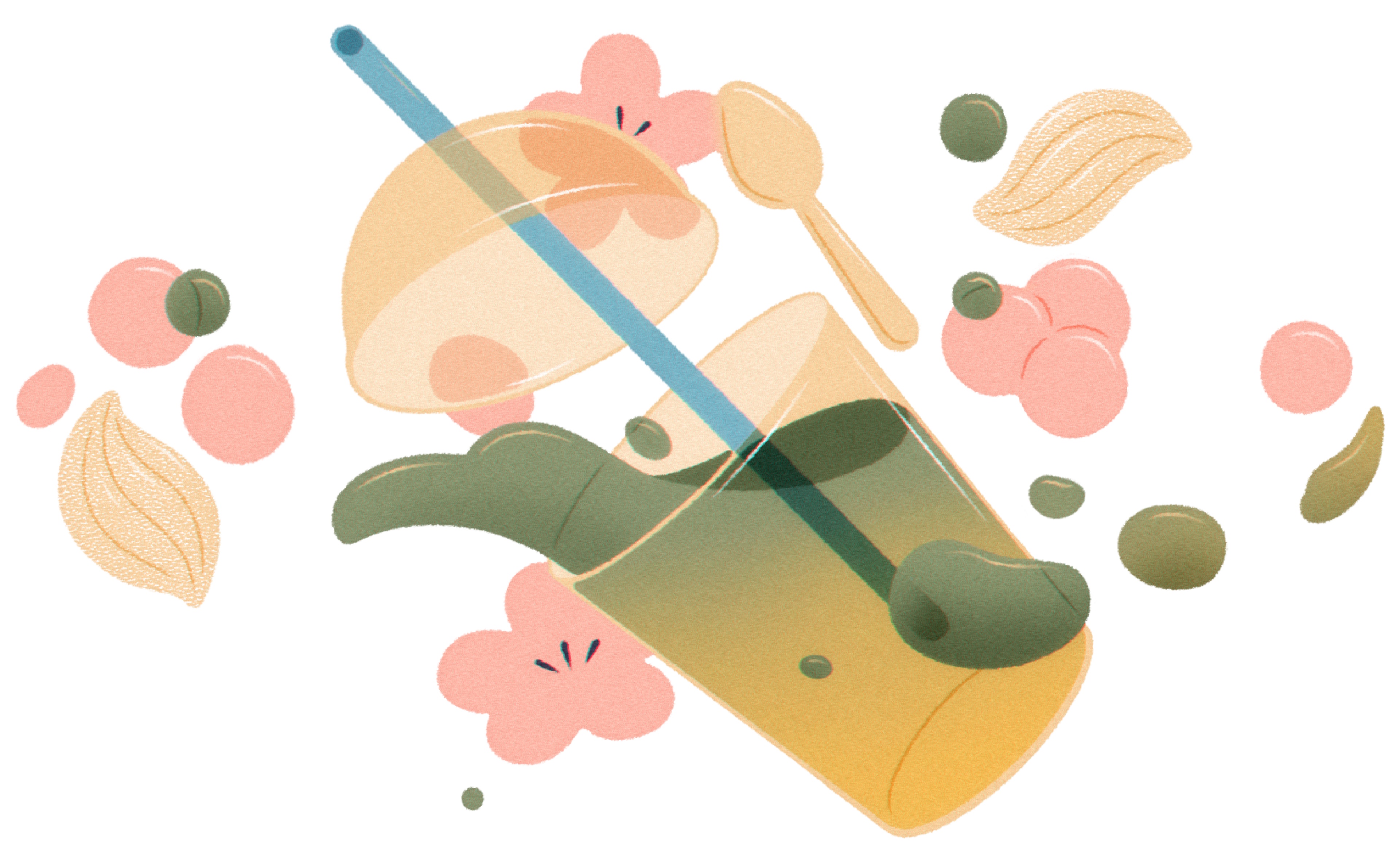 A tilted glass with a blue straw contains green liquid and ingredients, surrounded by pink flowers, green leaves, a wooden spoon, and circular shapes.