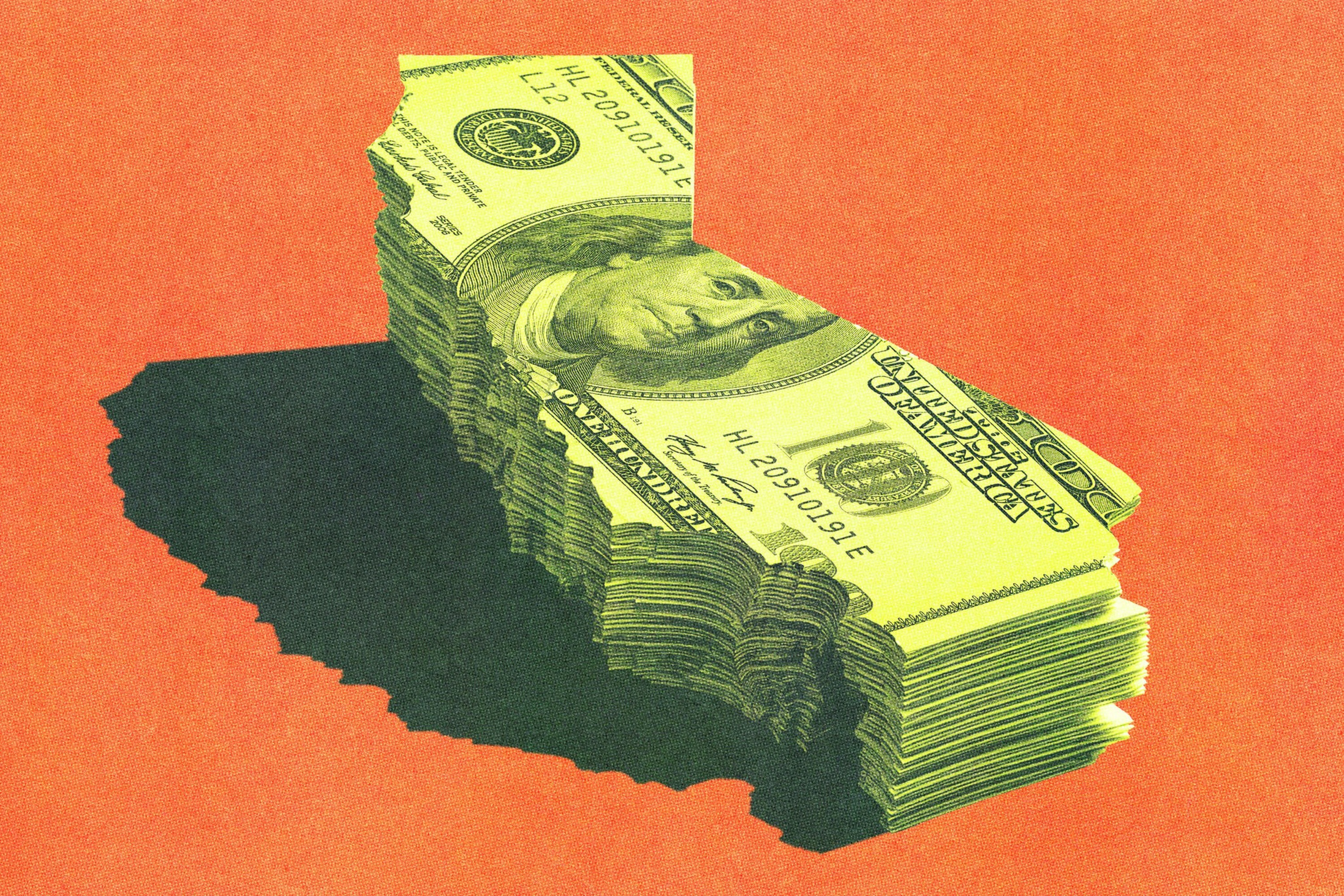 A stack of hundred-dollar bills arranged in the shape of California casts a shadow on an orange background.