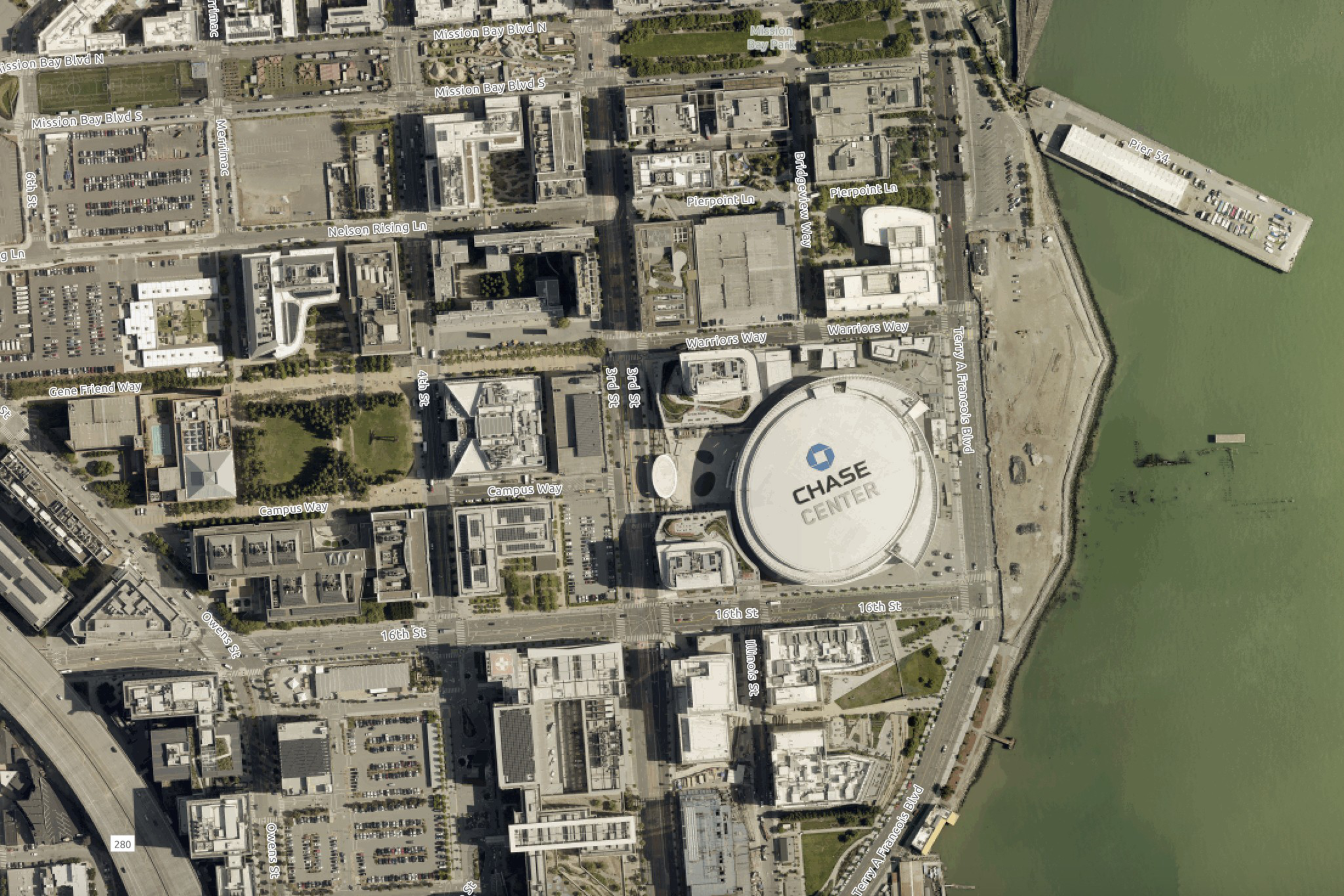 An aerial view of the area around 3rd Street and 16th Street which includes Chase Center, the home of the Golden State Warriors in San Francisco’s Mission Bay district in 2022.