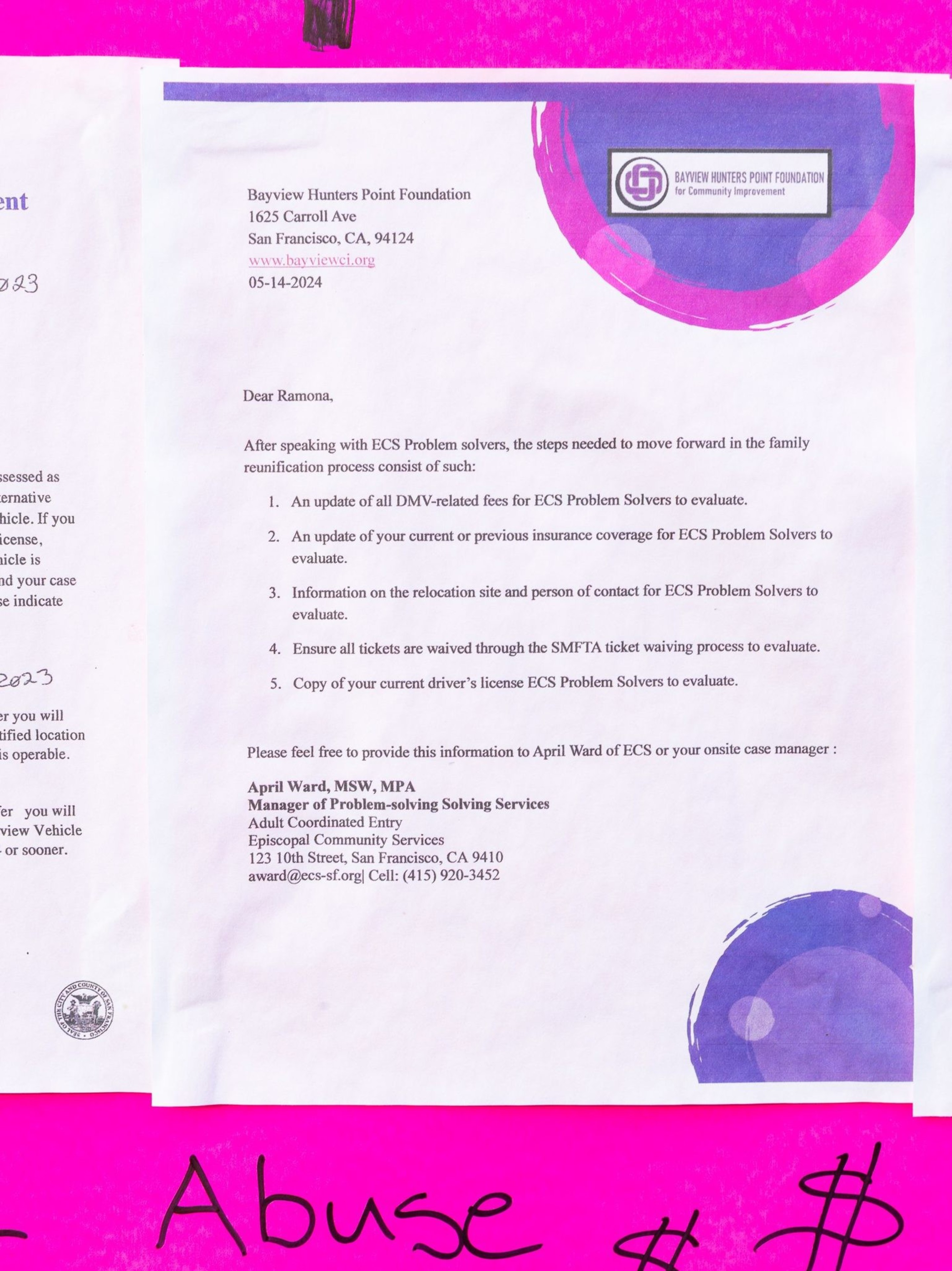 The image shows a letter from the Bayview Hunters Point Foundation detailing steps for a family reunification process, including updates on DMV fees and insurance.