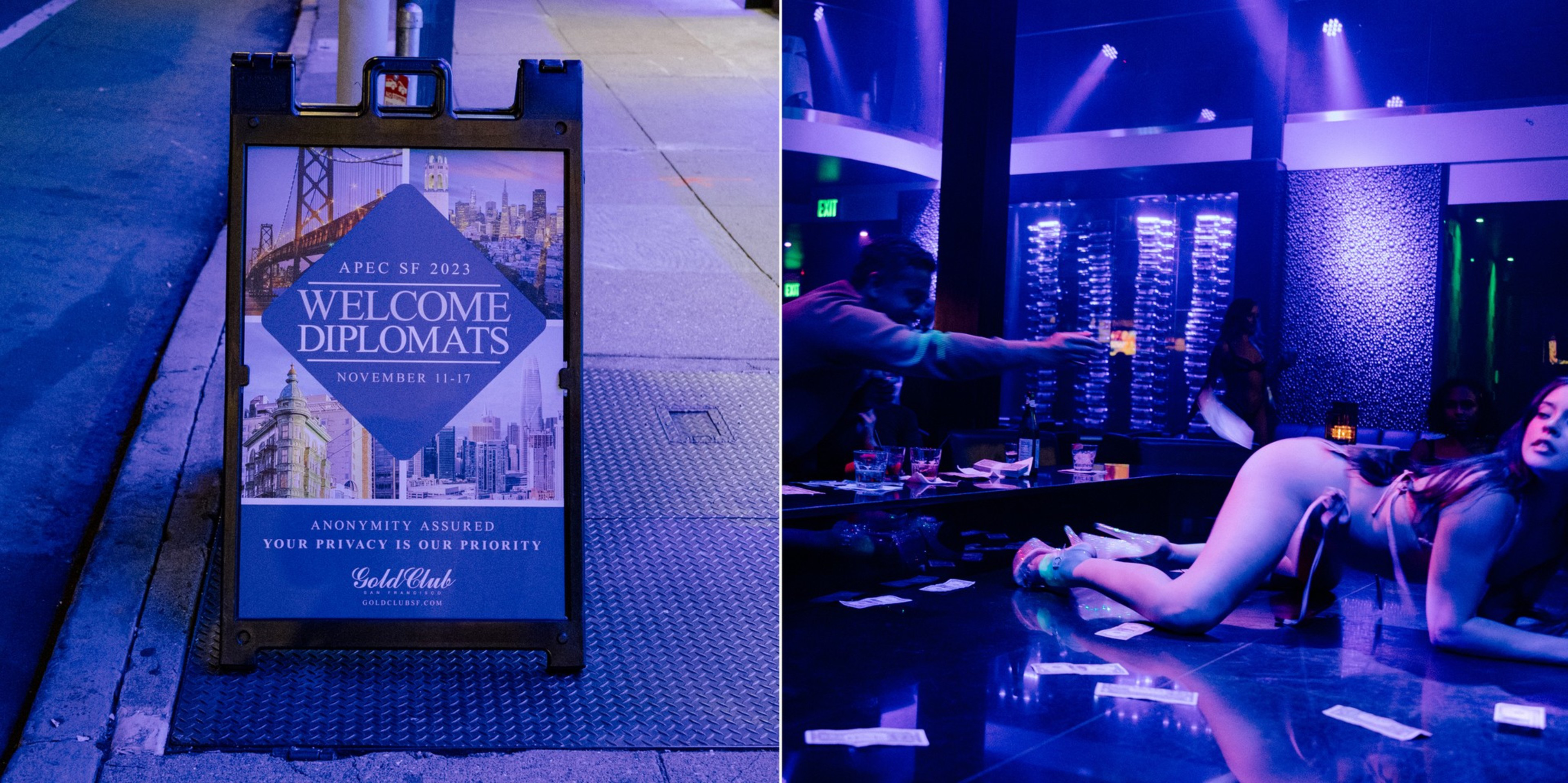Two side by side images, one of a sandwich board side on the sidewalk reading &quot;Welcome Diplomats - APEC SF 2023 - November 11-17&quot; alongside a photo of a scantily clad dancers on her hands and knees as a man throws dollar bills in her direction.
