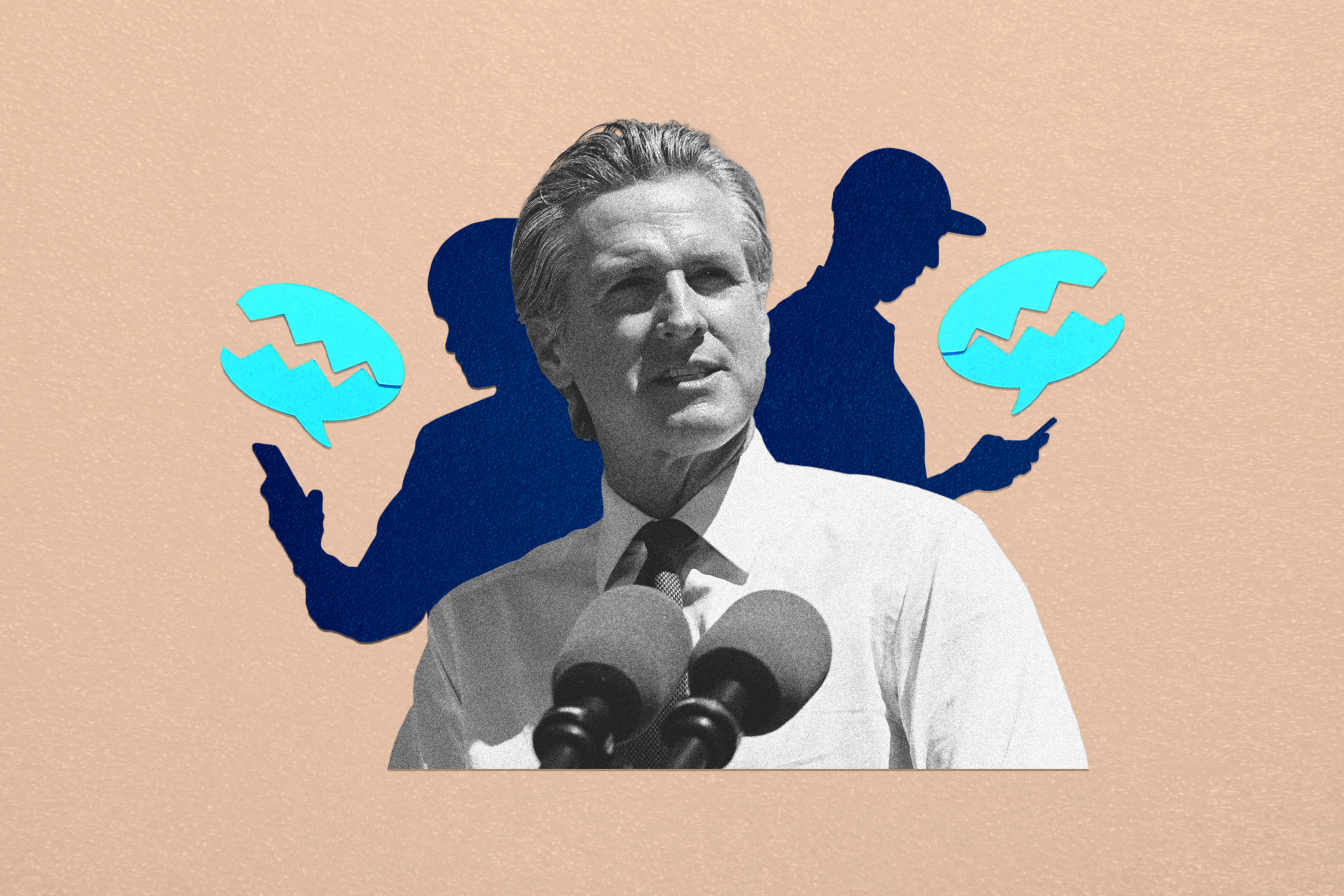 A man in a white shirt speaks at microphones while two dark blue silhouettes behind him look at phones with cracked speech bubbles above them.