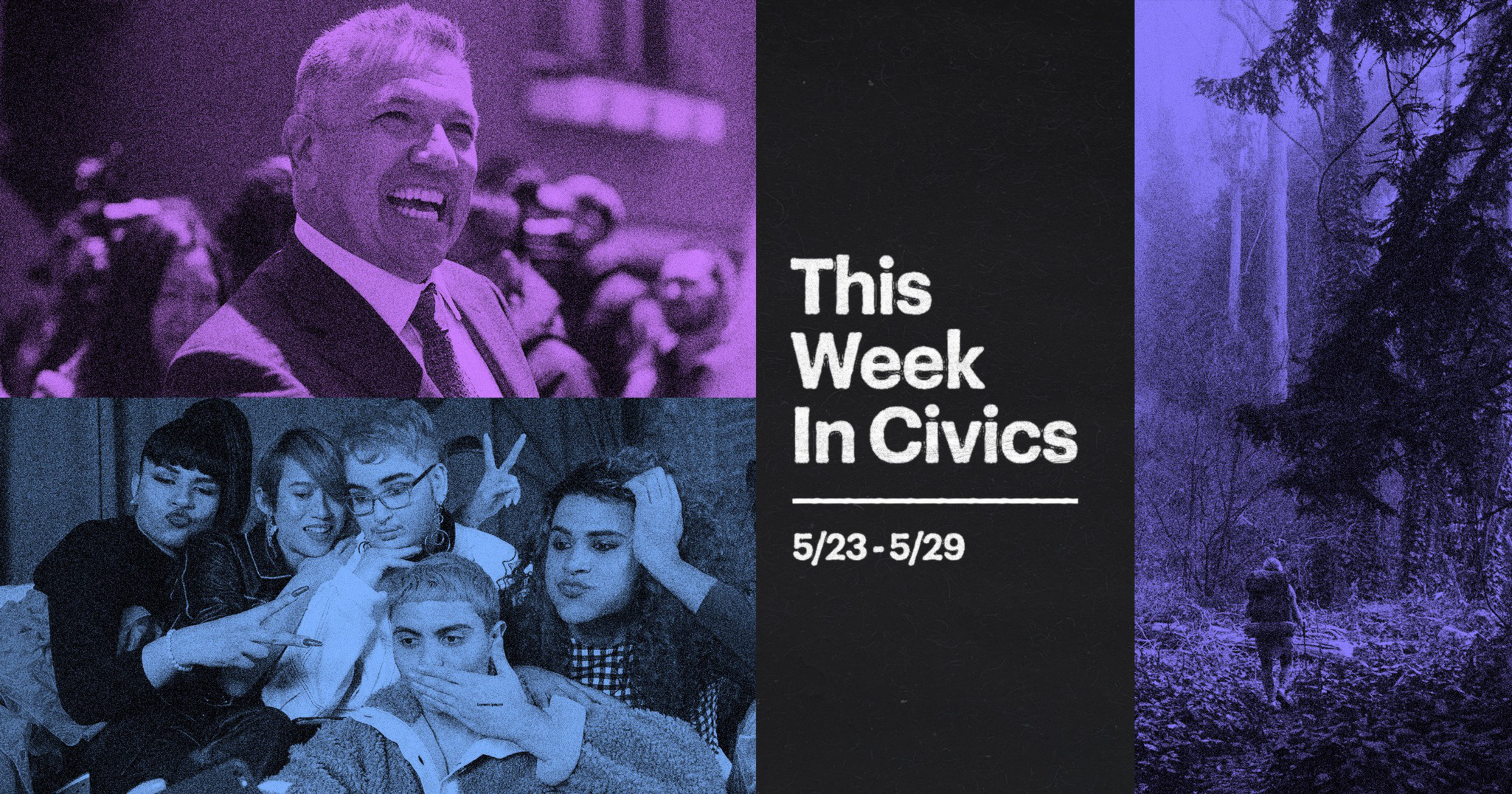 A smiling man in a suit, a group of young people posing for a selfie, and a person walking in a forest near a waterfall with text "This Week In Civics 5/23-5/29".