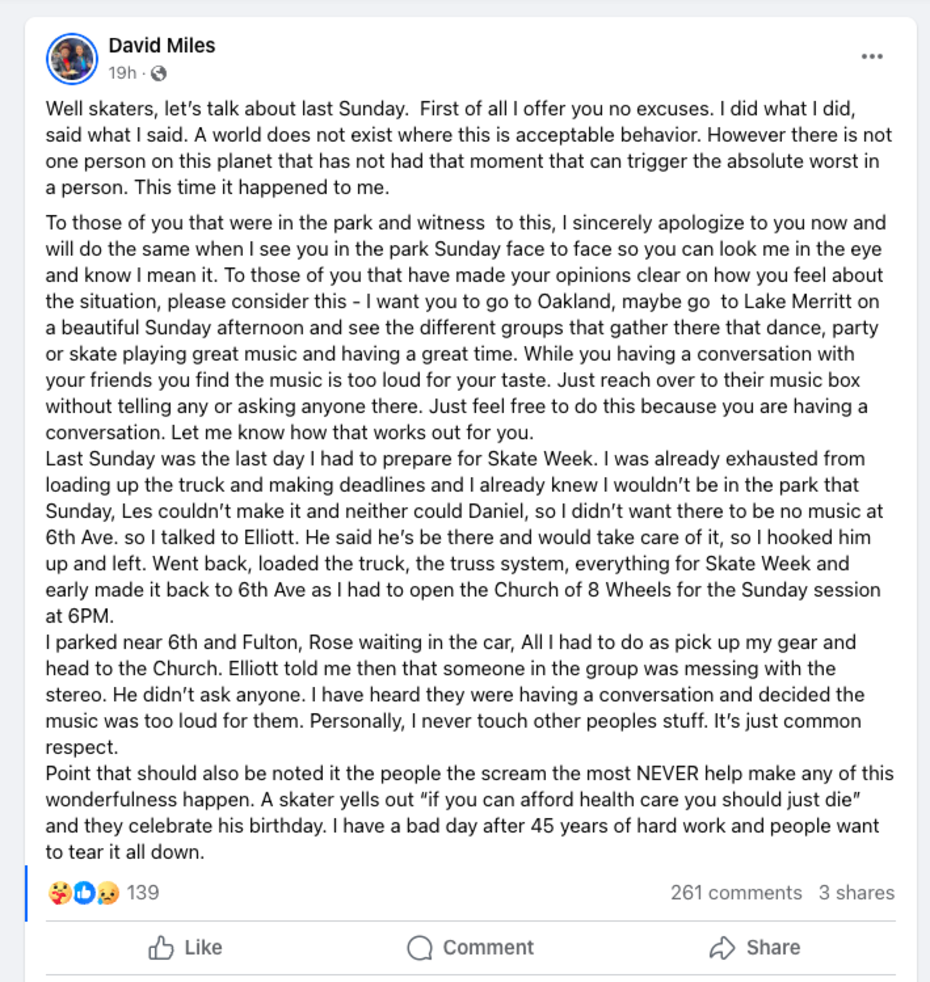 The image is a Facebook post by David Miles expressing regret for his behavior last Sunday, discussing issues with loud music, and mentioning people tampering with a stereo. 