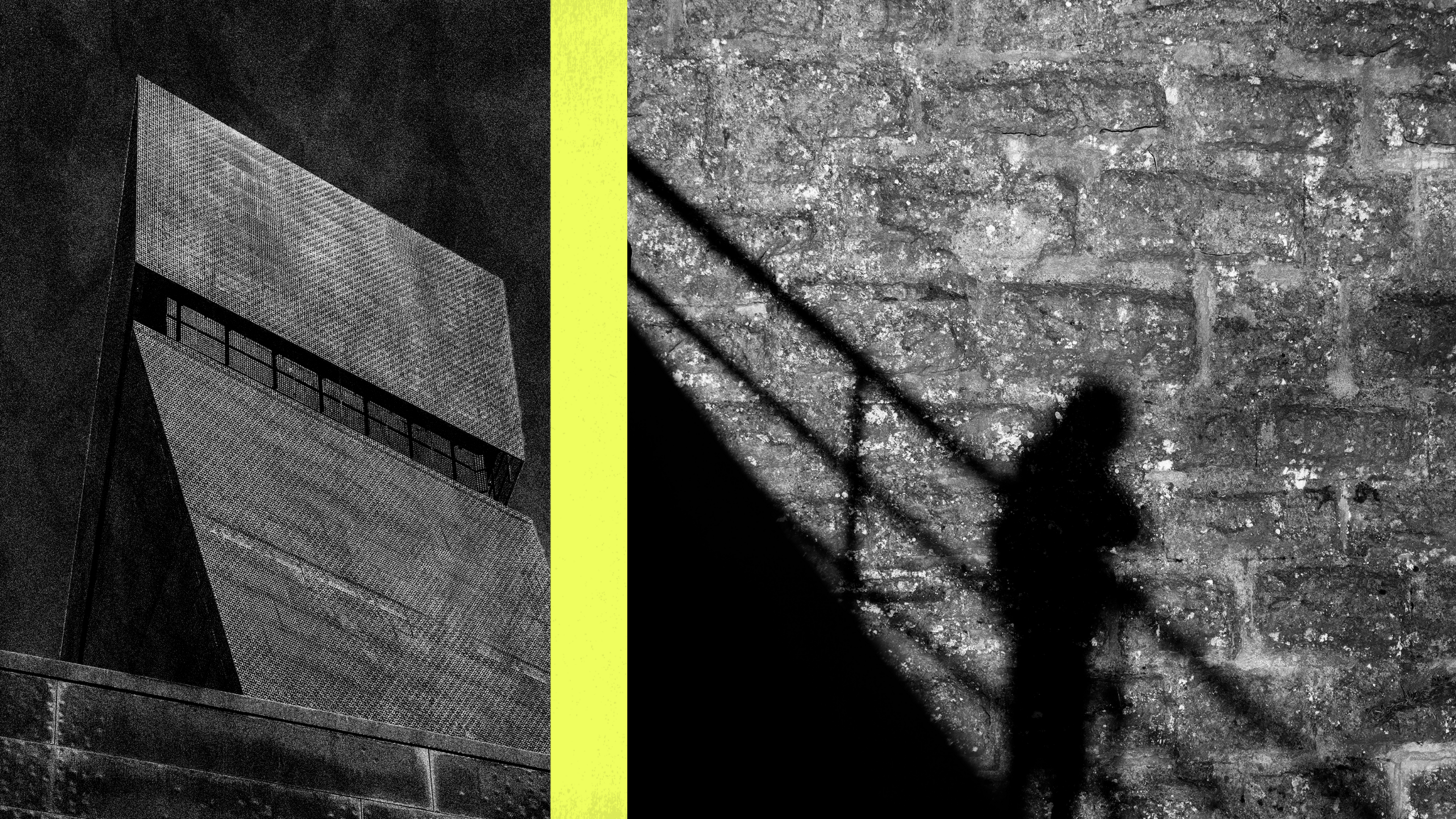 A shadow of a person holding a bag is cast on a brick wall next to a tall, angular concrete building, separated by a vertical yellow stripe.