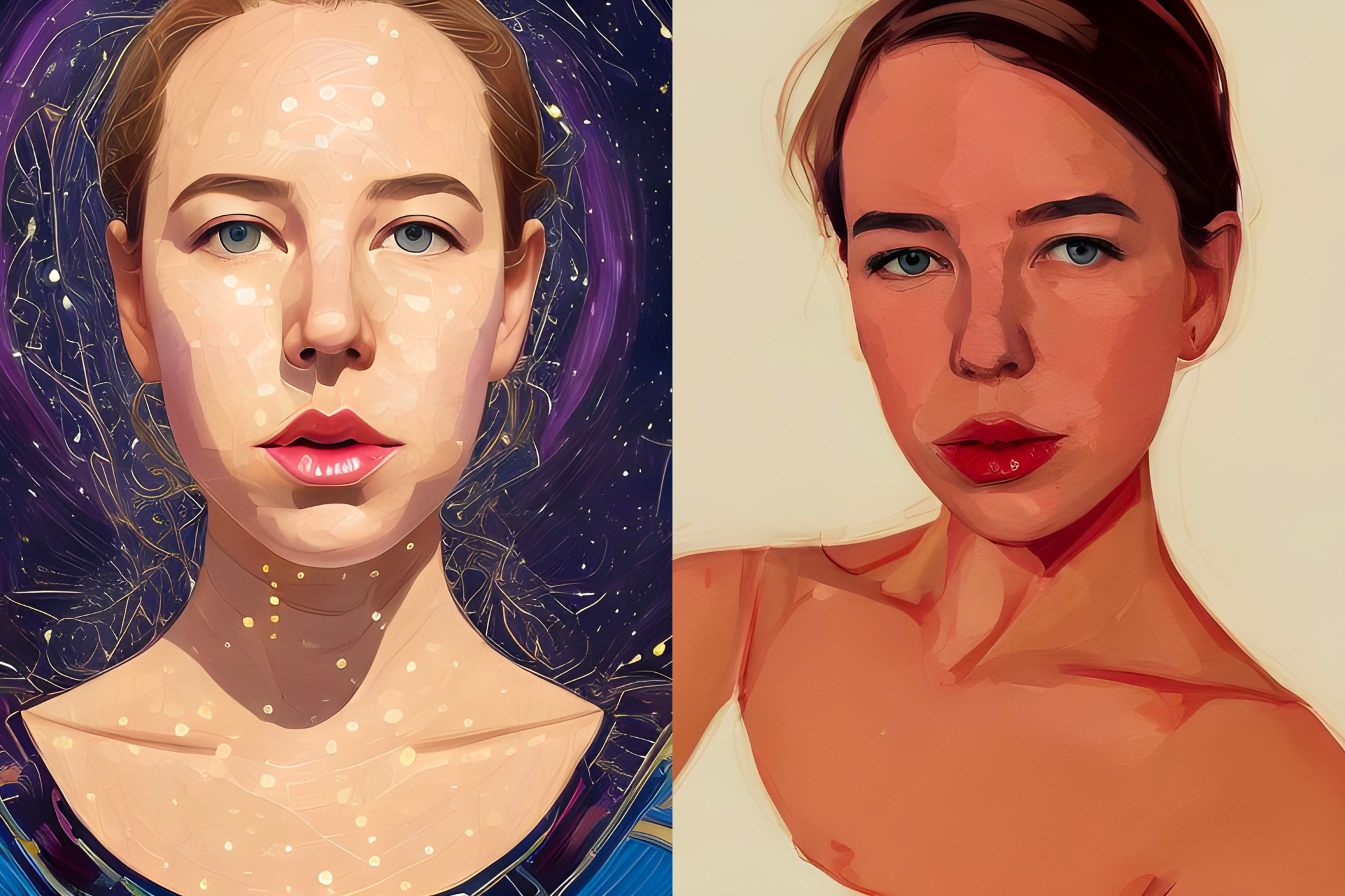 Two digital portraits of the same woman side by side, one with a starry, cosmic background and the other with a plain, light backdrop.