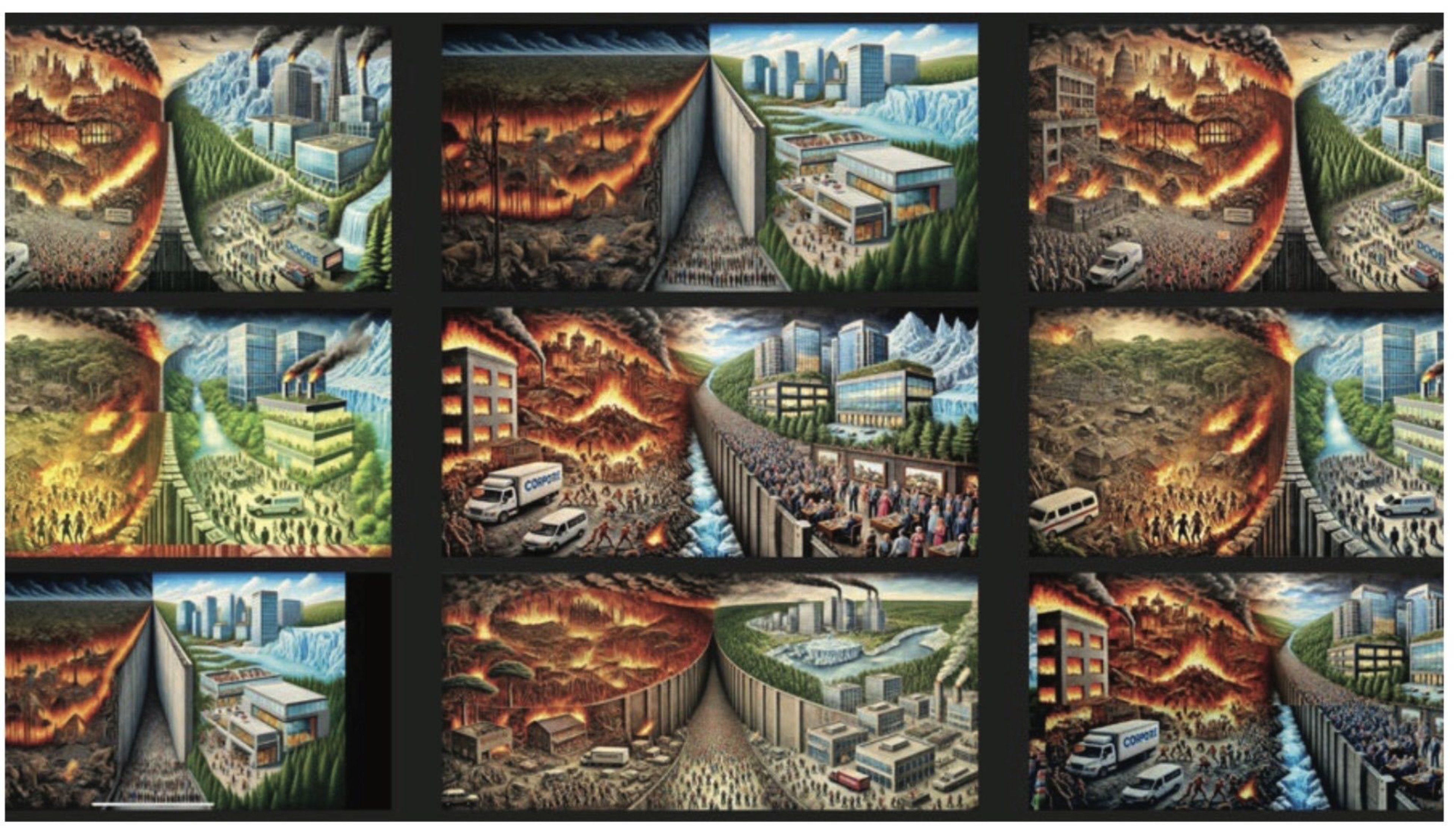 A series of panels contrasts fiery, chaotic scenes of destruction, fire, and overcrowding with calm, orderly areas featuring clean buildings, greenery, and open spaces divided by walls.