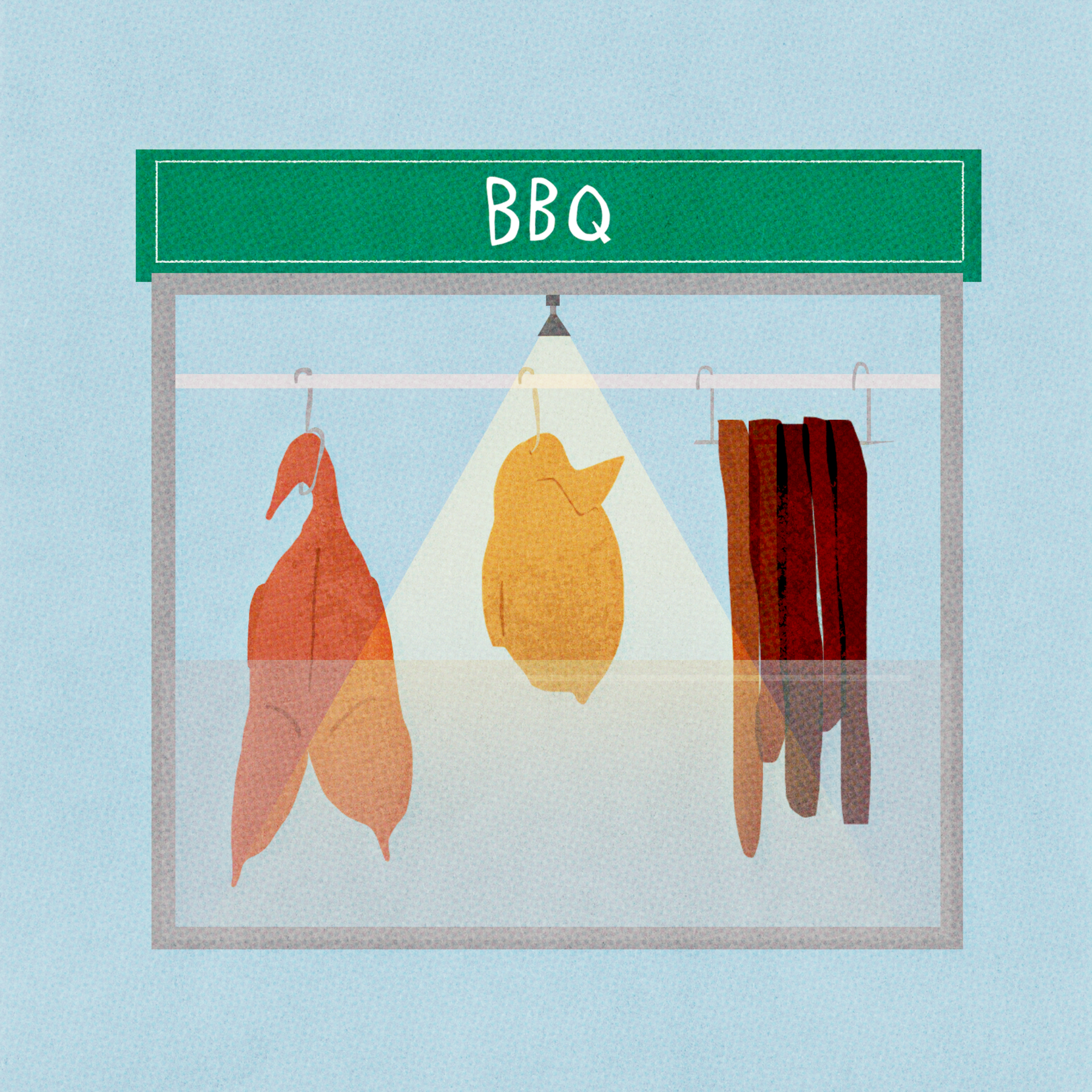 A BBQ display case with a whole roasted bird in the center, large smoked meat on the left, and several strips of cured meat hanging on the right.