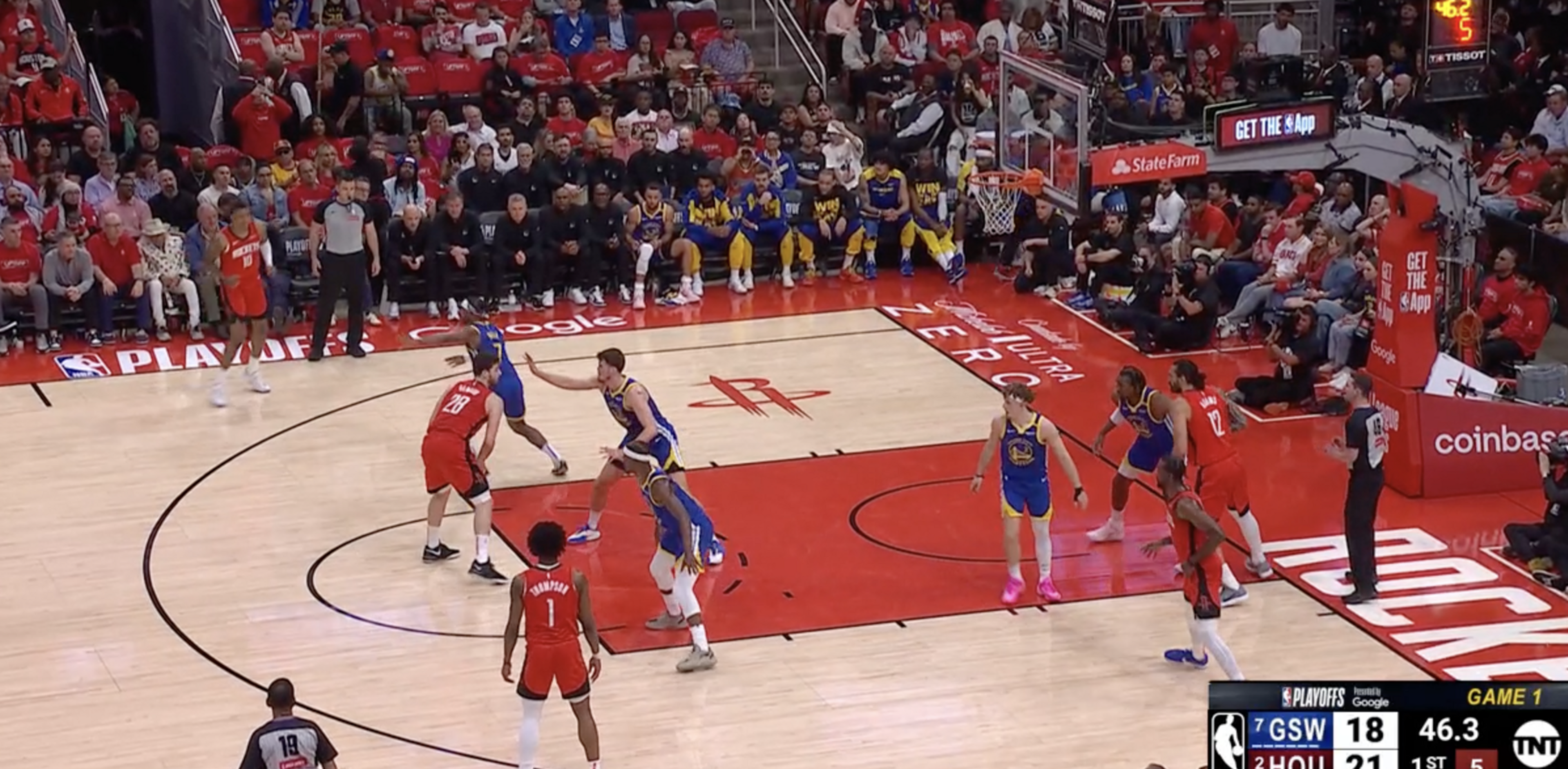 Four of the five players in red jerseys for the Houston Rockets set up inside the 3-point arc, showcasing a lack of spacing when Houston plays its big players together