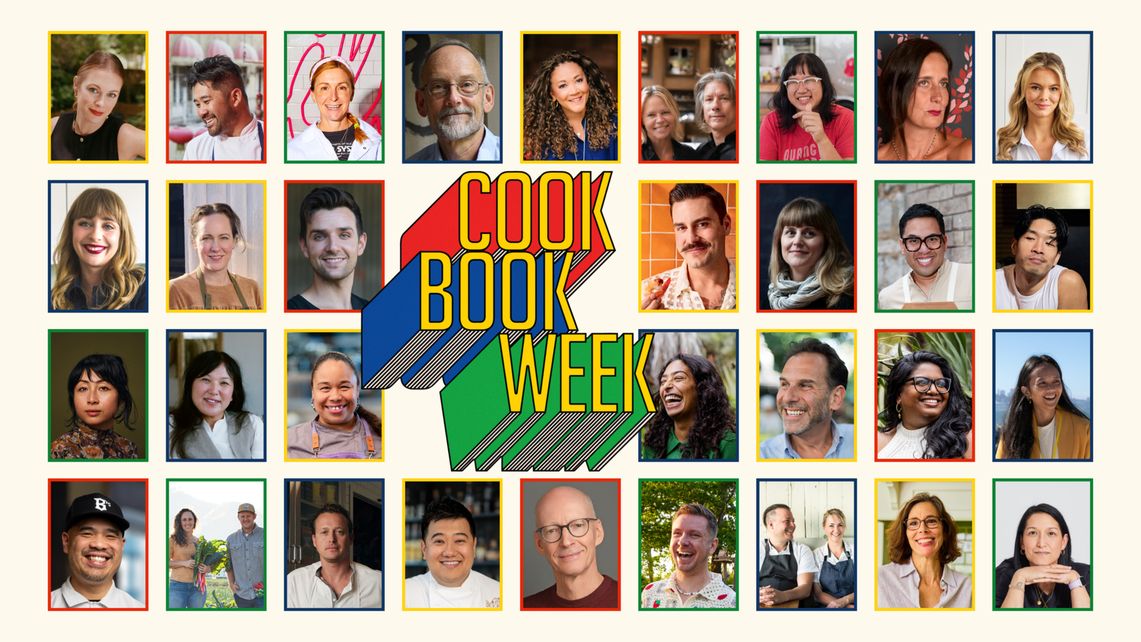 Thirty-four diverse individuals are shown in headshots arranged around the colorful “Cookbook Week” text in the center.