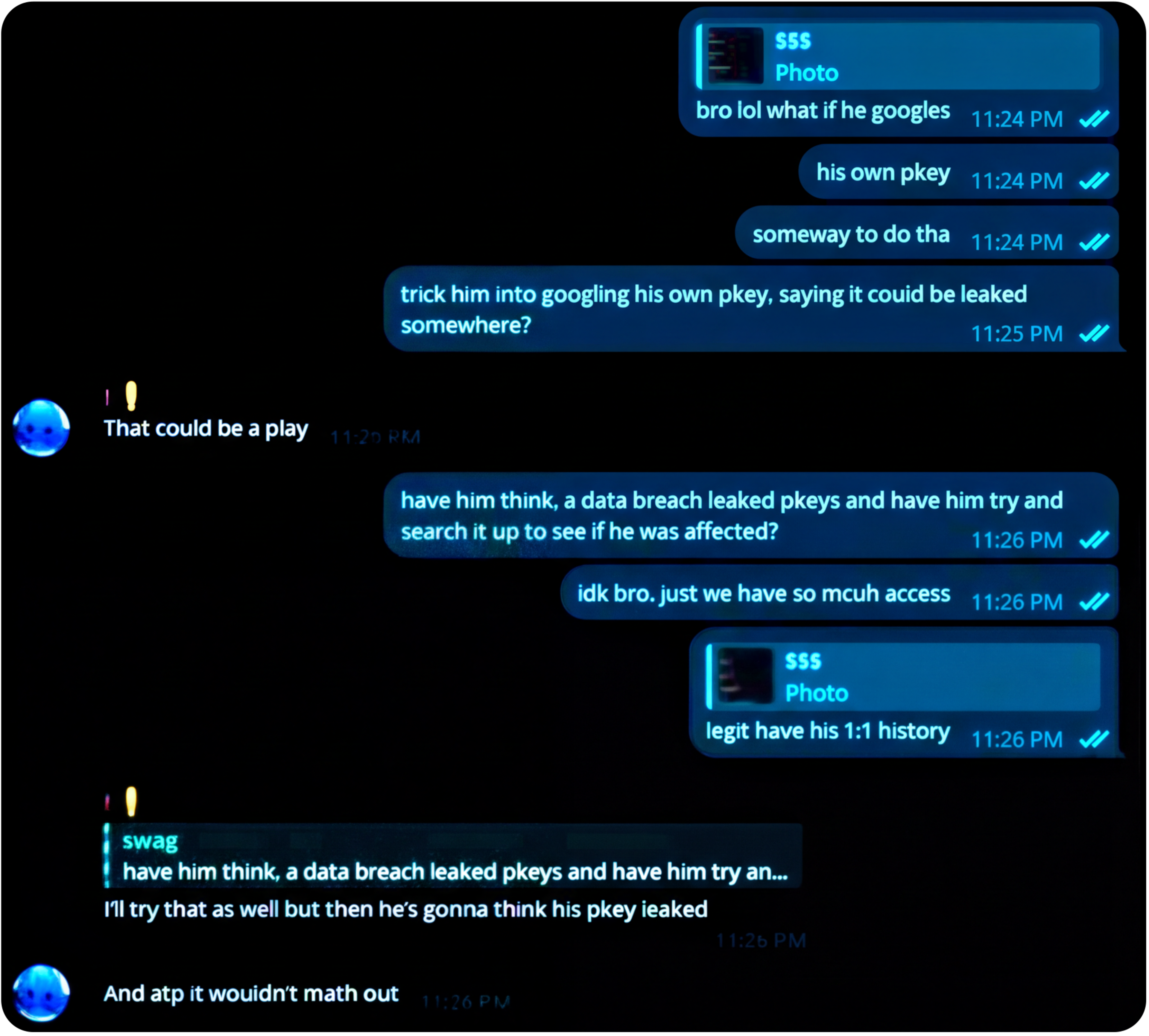 A dark chat screen with messages discussing tricking someone into googling their own leaked private key to see if it appears in a data breach.