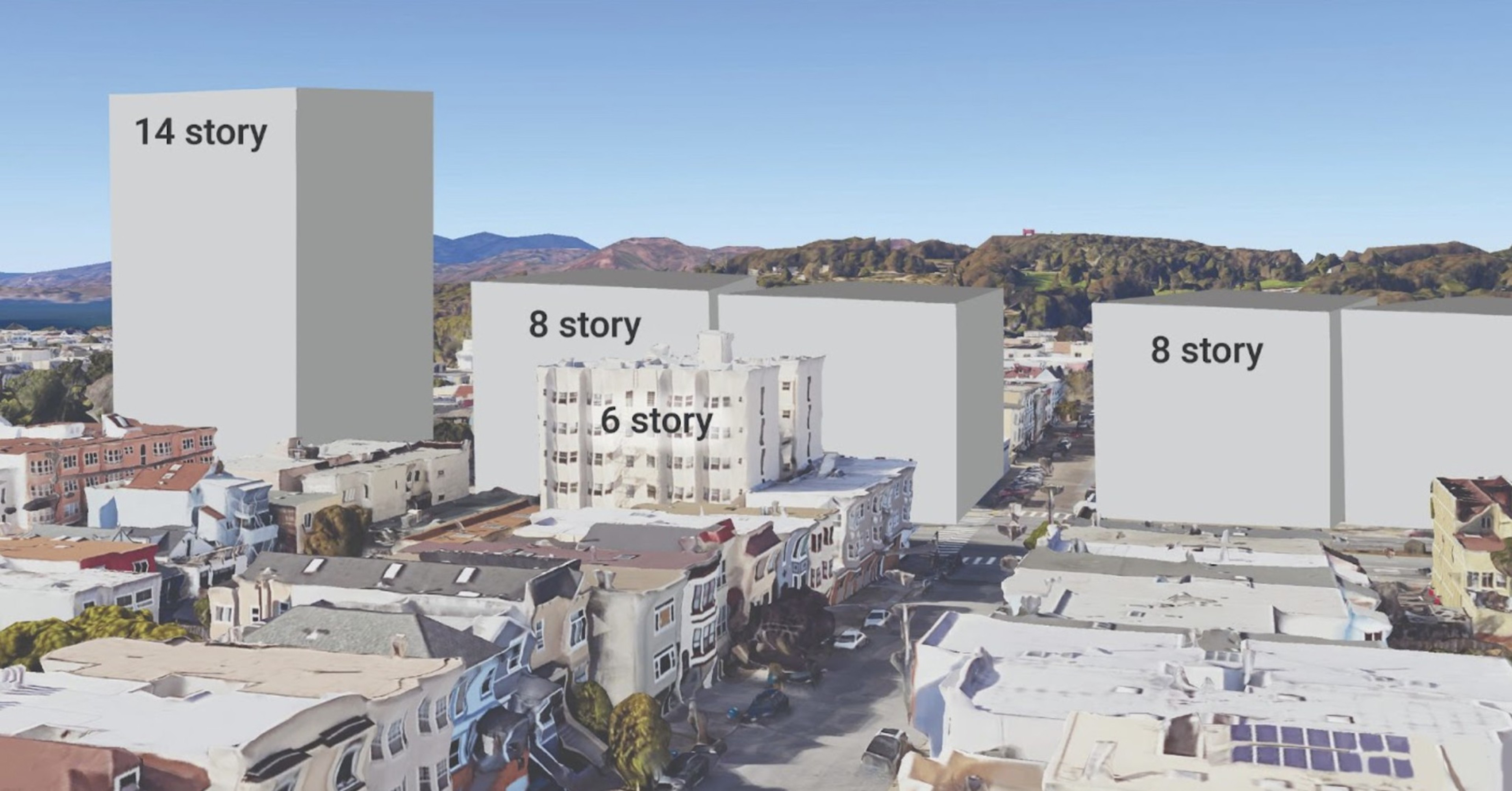 The image depicts a cityscape with proposed building sizes labeled: a 14-story building on the left, an 8-story building in the center, and another 8-story building on the right.