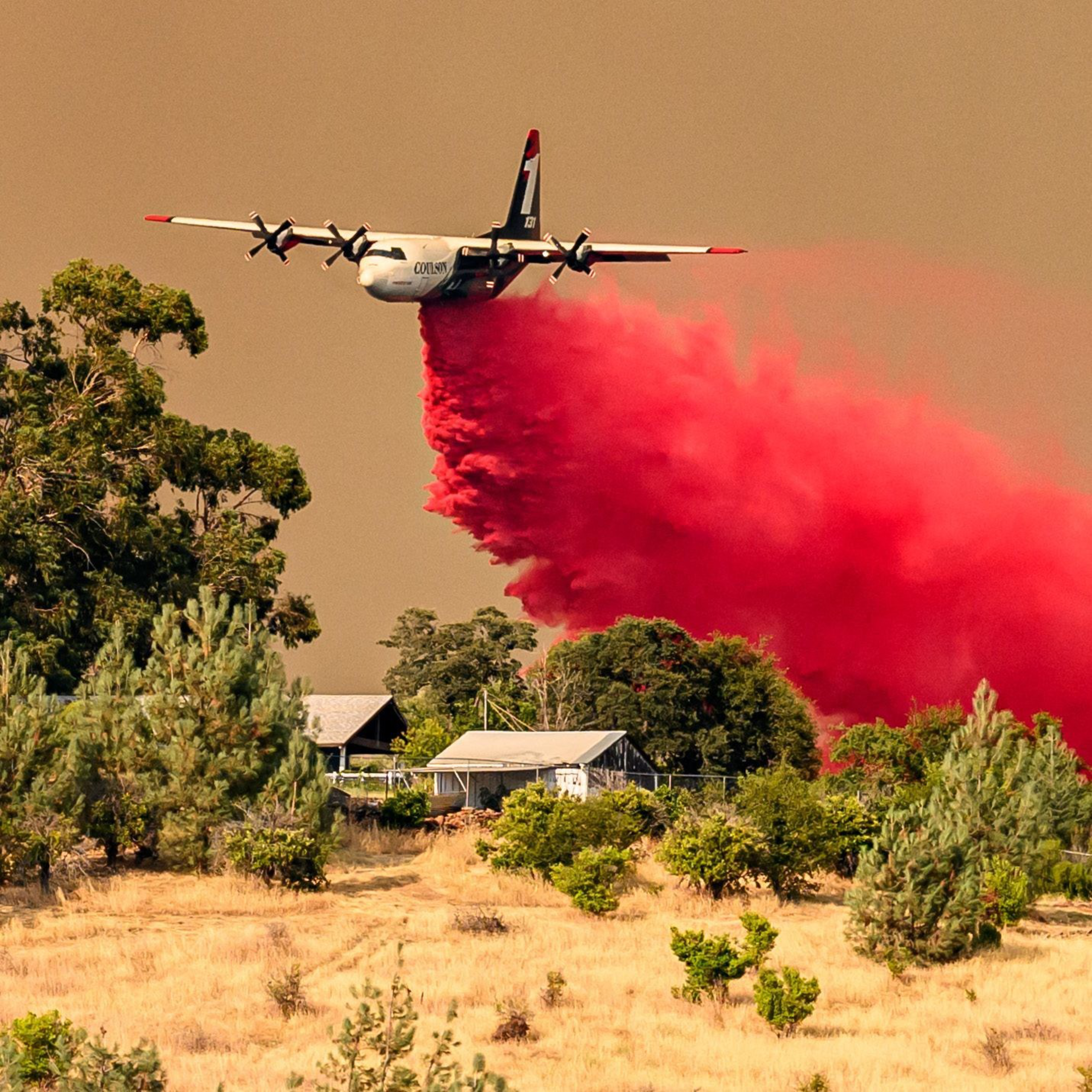 An airplane drops a large amount of red fire retardant over a wooded area with some houses, likely to combat a nearby wildfire.