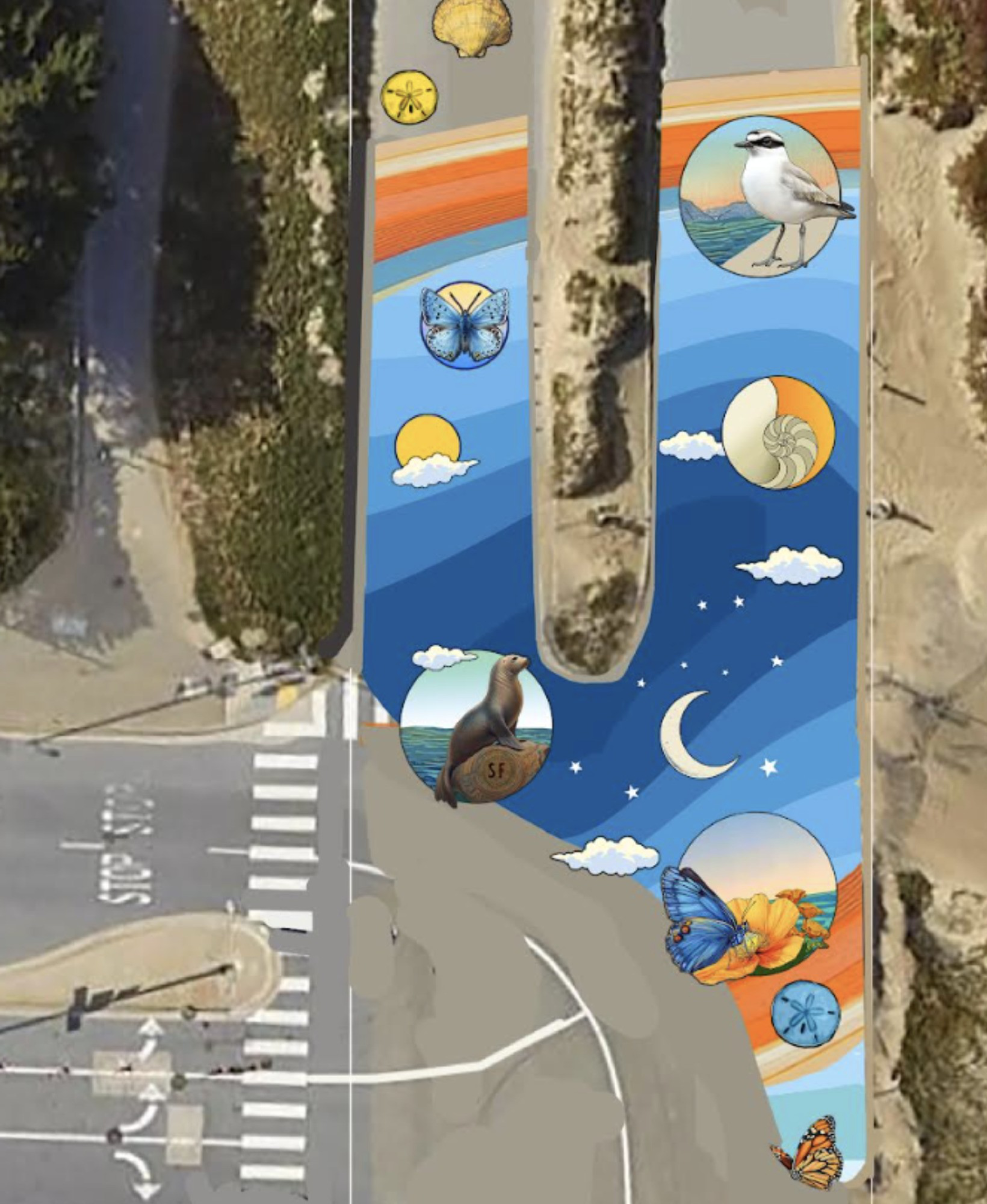 The image shows a vibrant painted street mural with waves, circles of wildlife, sun, moon, clouds, and creatures like a bird, sea lion, butterflies, and sea life.