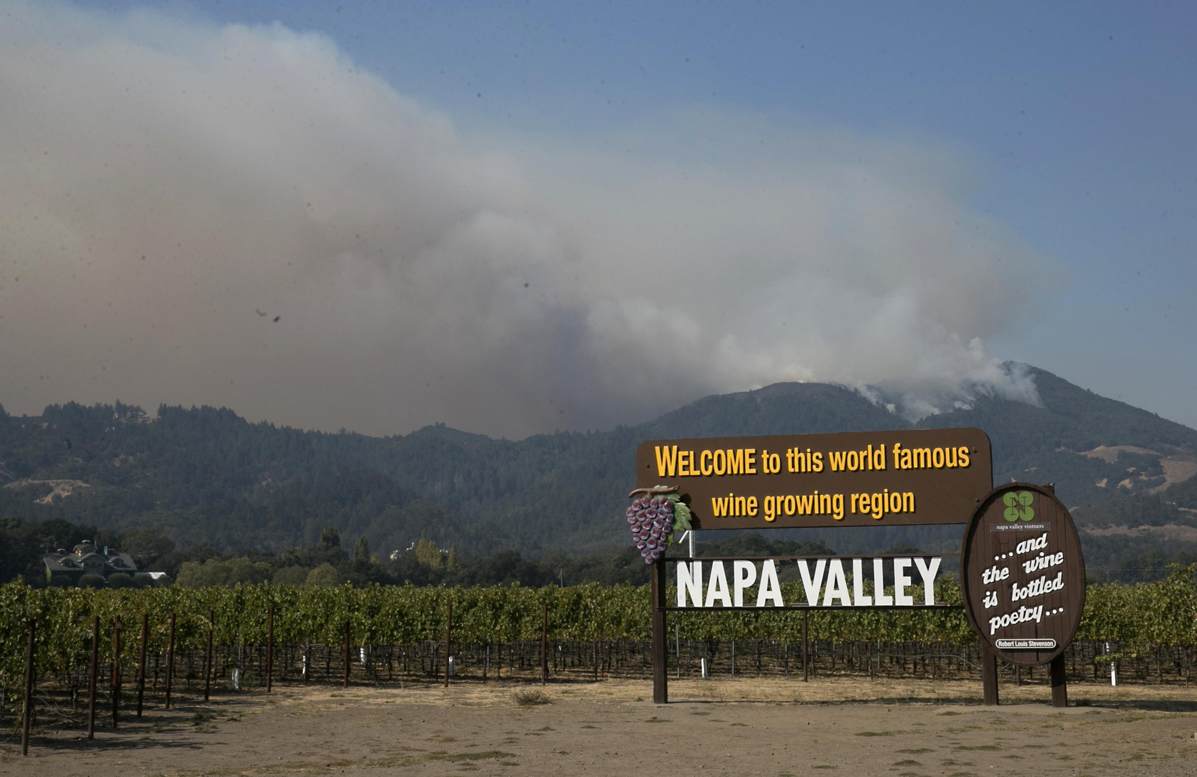 A Napa Valley sign stands in front of vineyards with smoke rising from a wildfire burning on distant hills under a clear sky.
