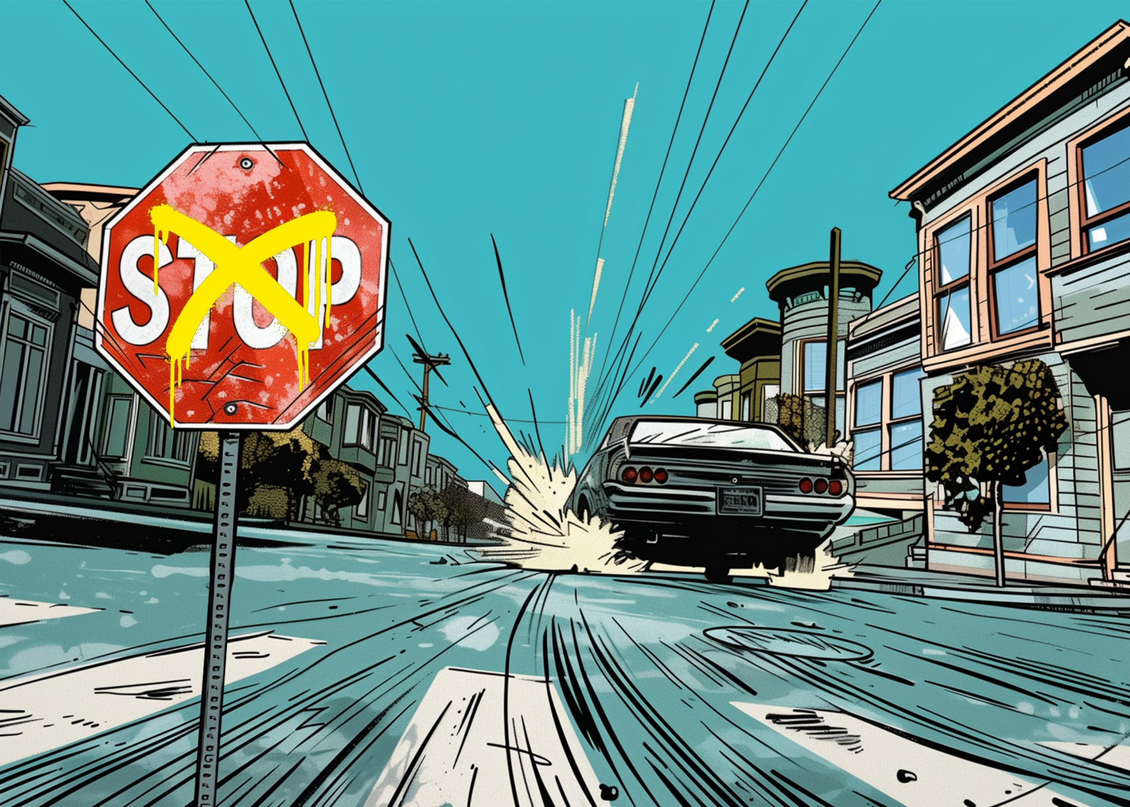 A car blowing through a stop sign marred by graffiti