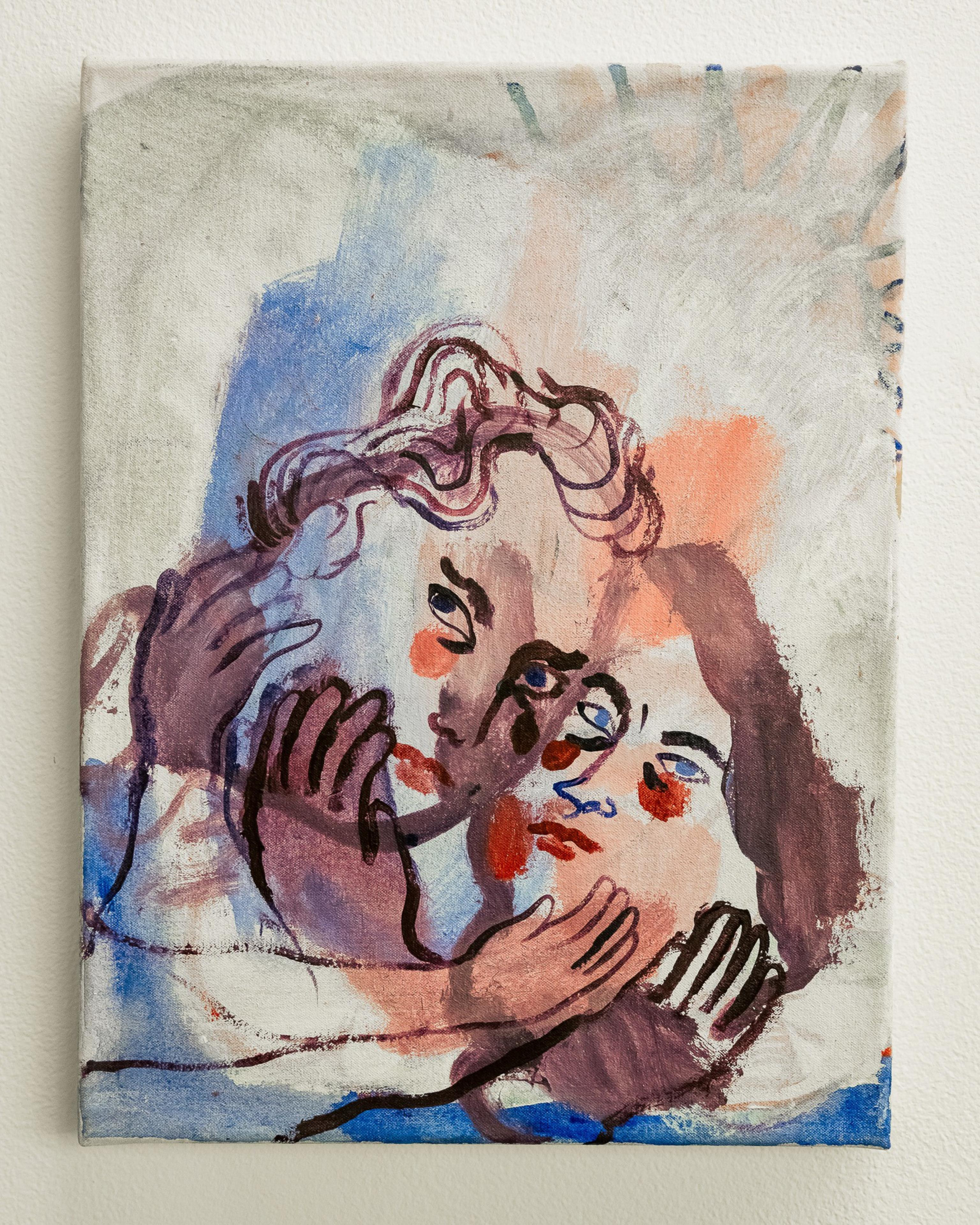 The image depicts an abstract painting of two overlapping faces with interlocking hands. The style is expressive, with soft colors and fluid lines.