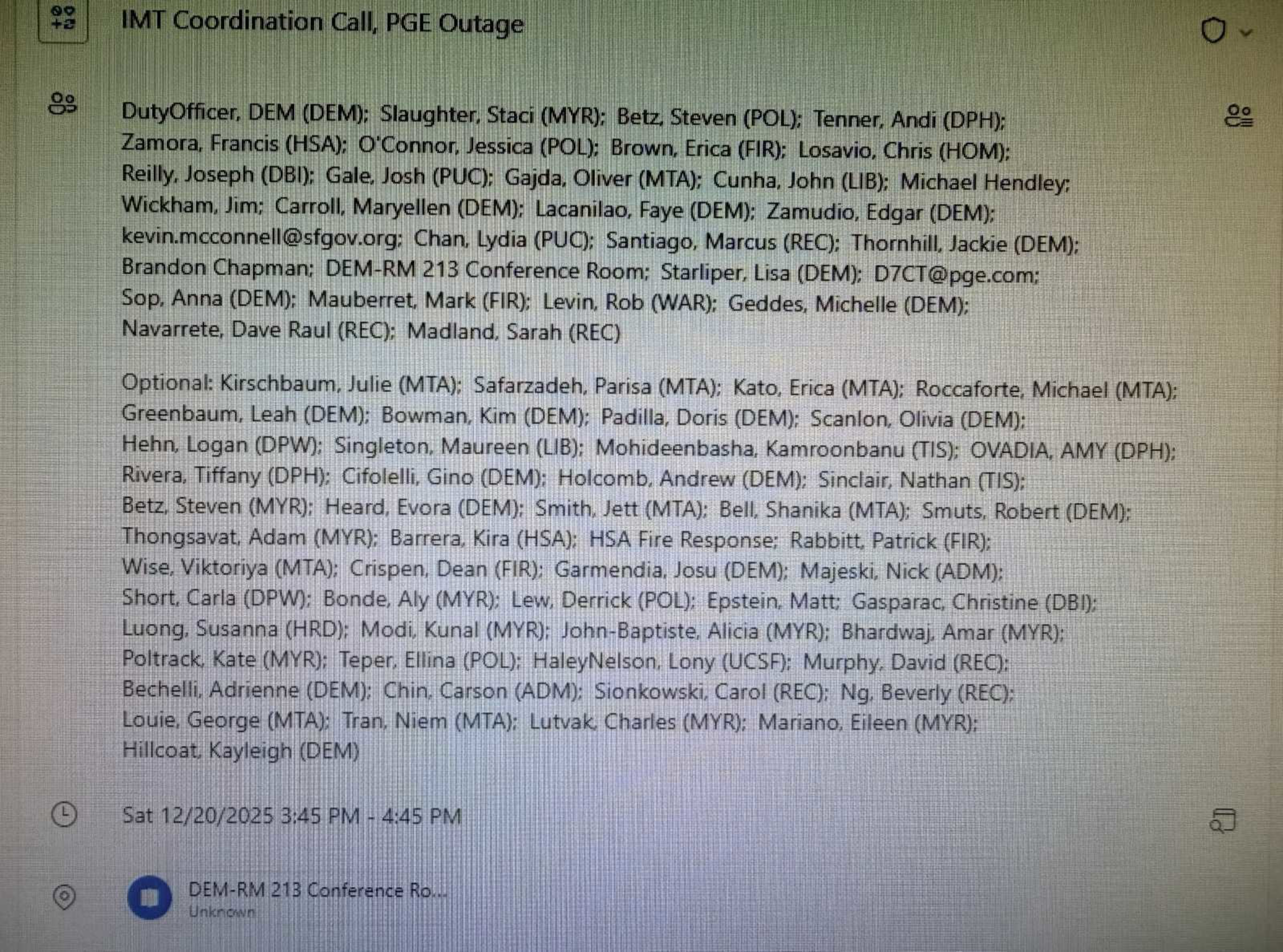 A list of participants for an IMT Coordination Call about a PGE outage, including names, roles, and emails for a meeting scheduled on Dec 20, 2025, 3:45-4:45 PM.