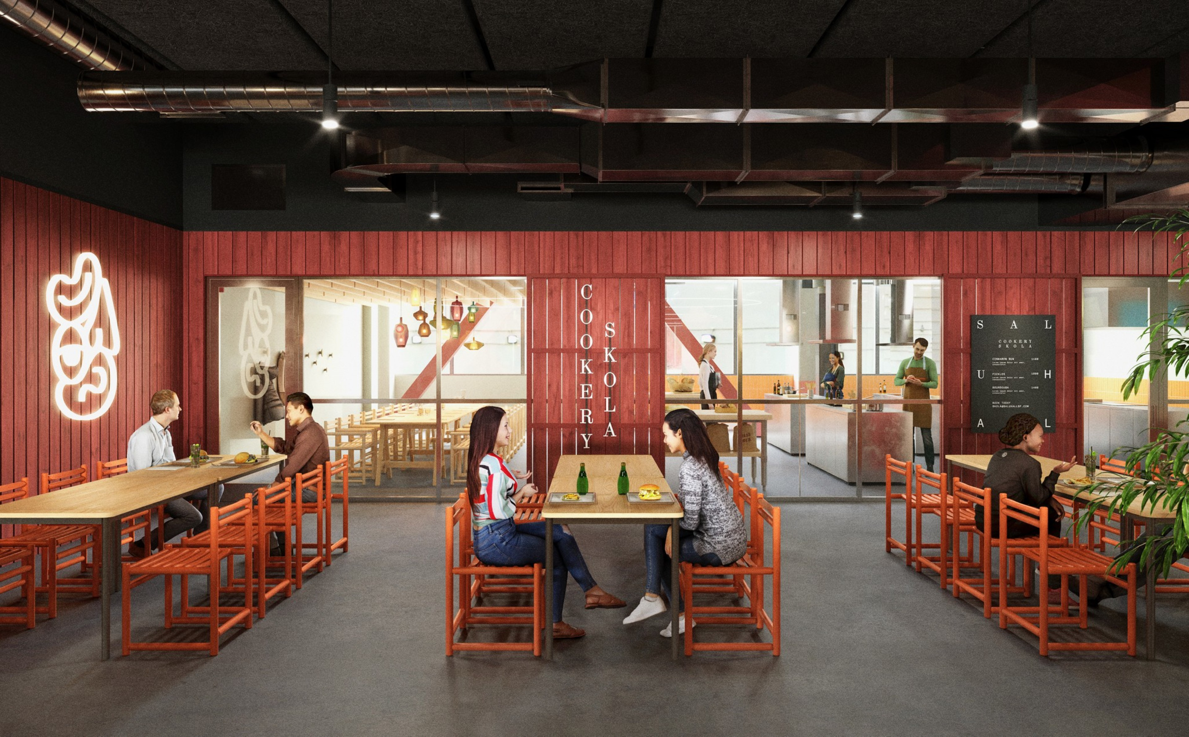 A cozy modern eatery with wooden tables, orange chairs, and decorative lighting. People dine and chat casually.