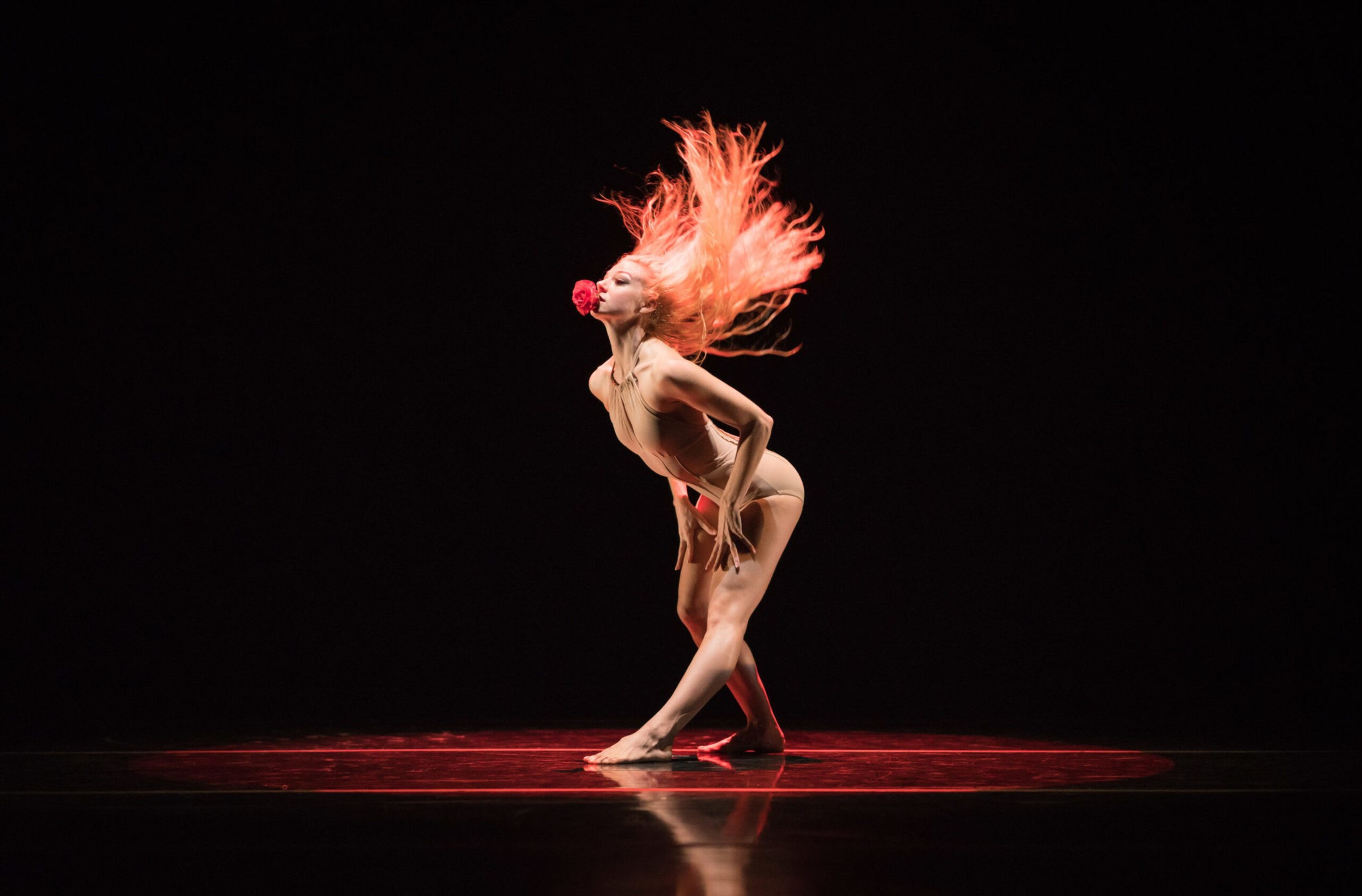 A dancer stands barefoot on a dimly lit stage with flowing hair, holding a red rose in their mouth, striking a dramatic pose under a red spotlight.
