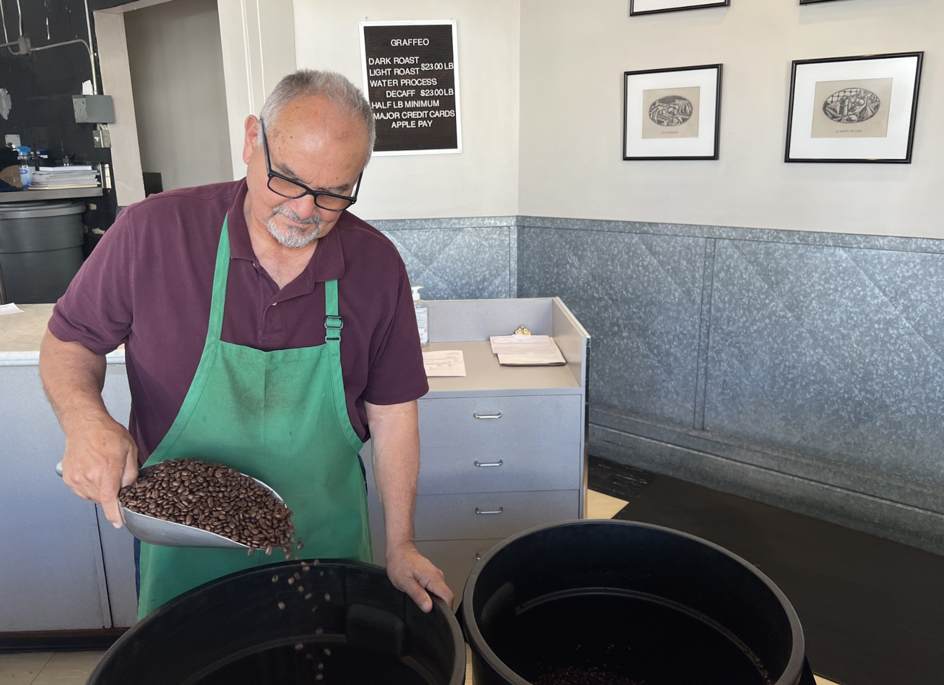 A man with glasses and gray hair wearing a green apron pours roasted coffee beans from a scoop into a large black container in a shop.