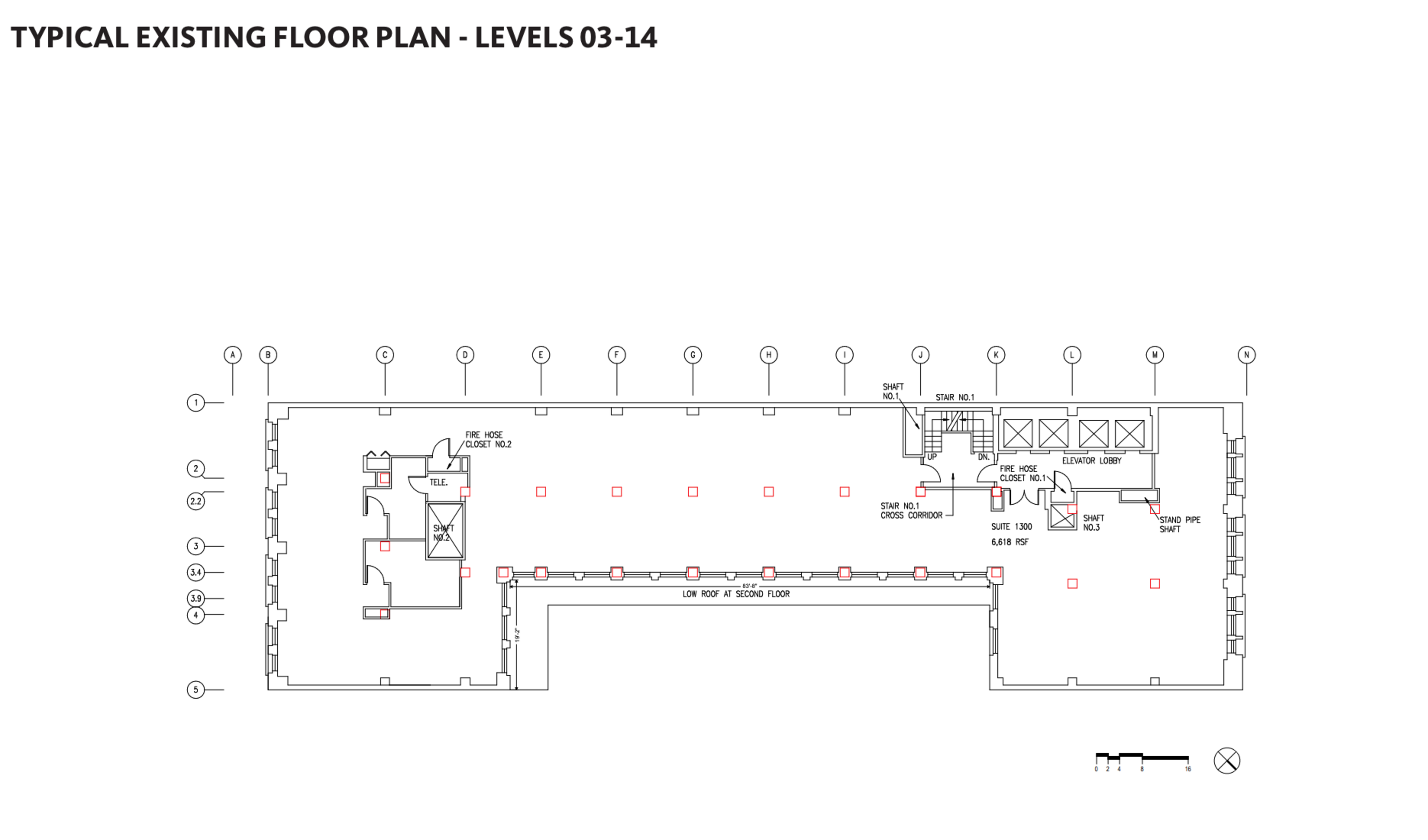 This is a floor plan for levels 03-14 with labeled stairwells, elevators, fire hose closets, and suites, featuring numerous support columns and shafts.
