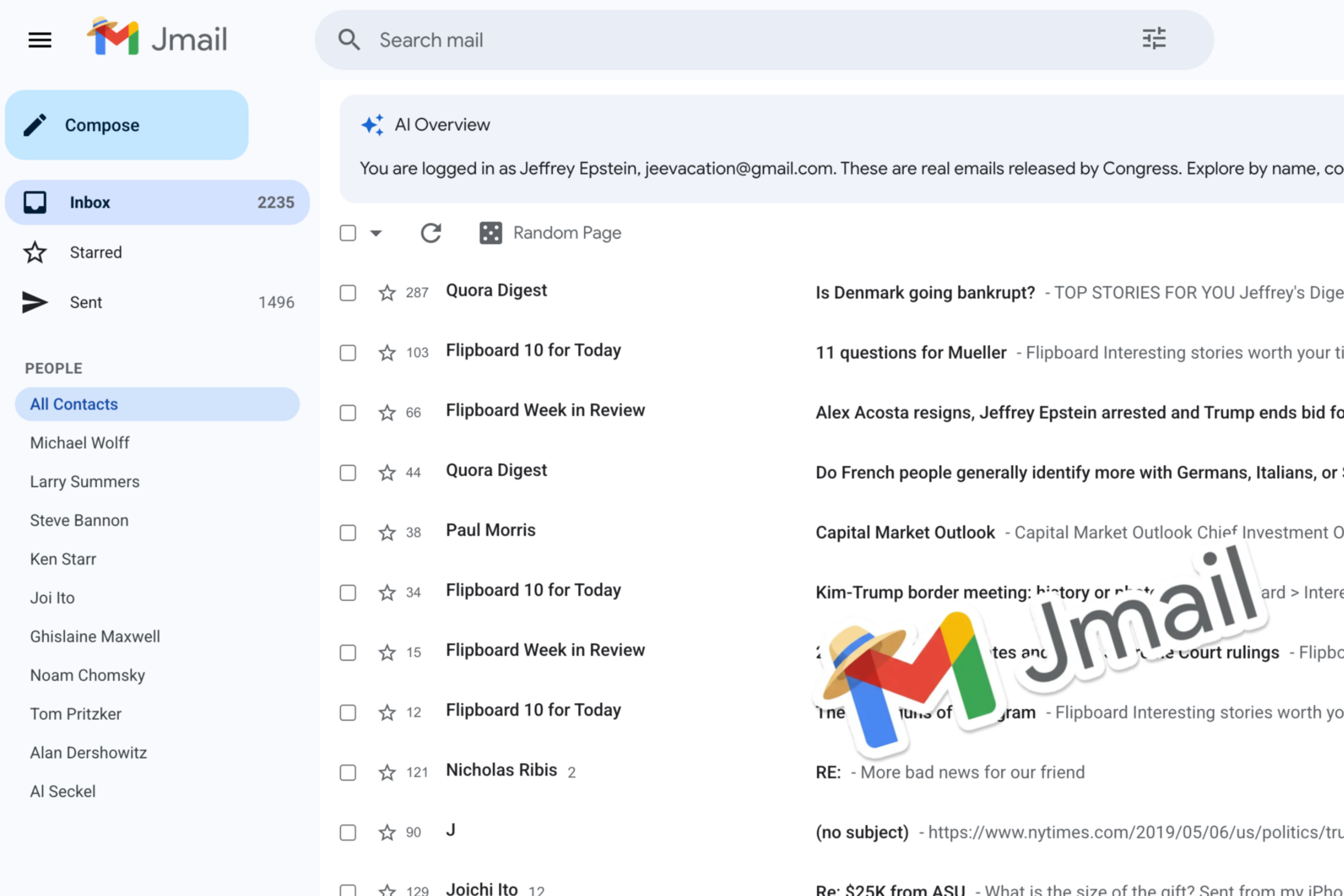 An email inbox labeled "Jmail" shows 2,235 unread messages with sender names like Quora Digest and Flipboard, alongside a sidebar listing contacts.