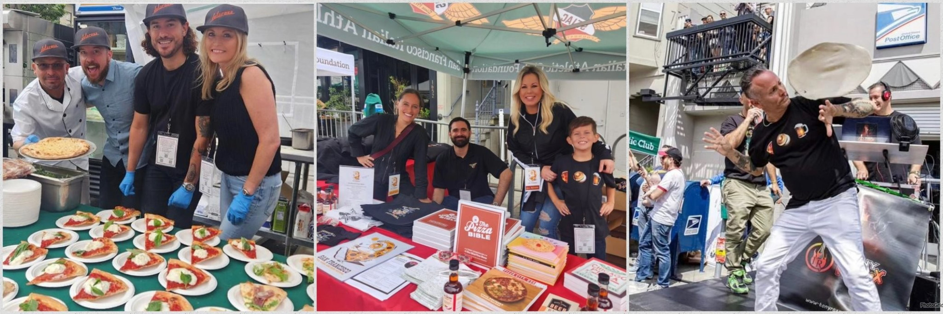 People are at a pizza event, with chefs and attendees posing by pizza displays. One person is tossing dough, demonstrating a pizza-making skill.