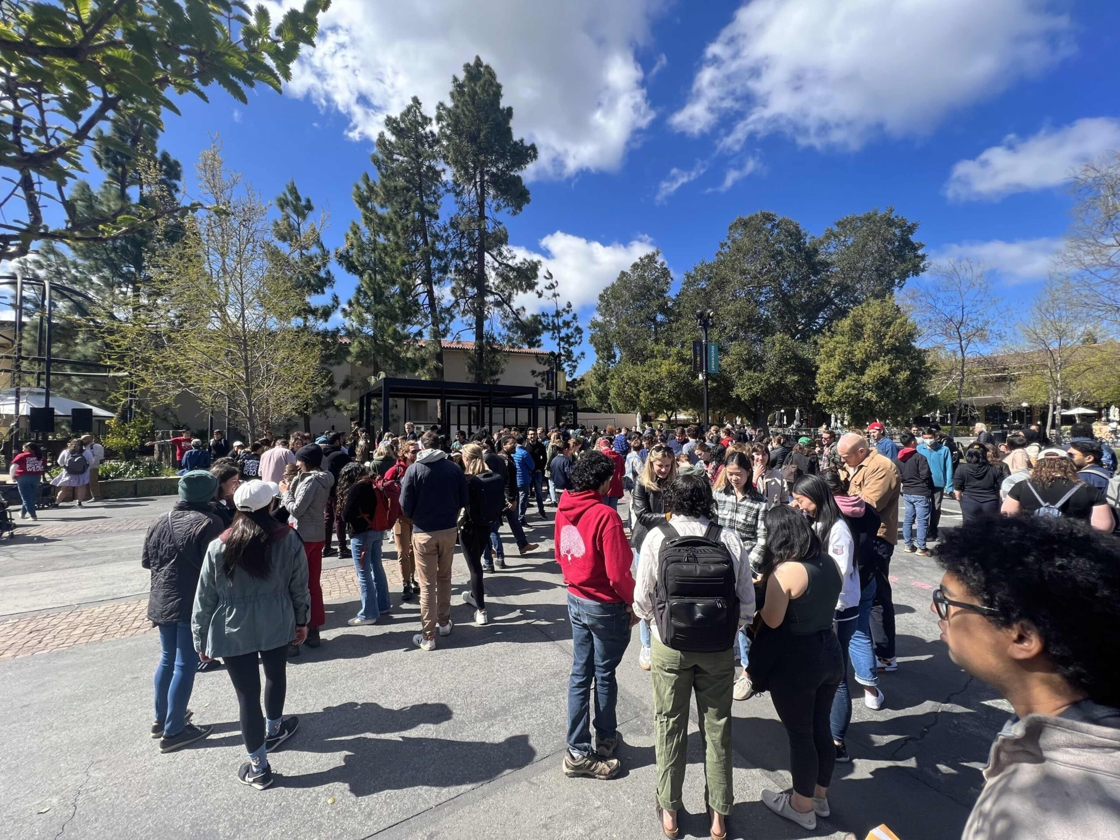 Hundreds of people gather outside on a sunny day with blue skies, standing in groups under tall trees near buildings and pathways.