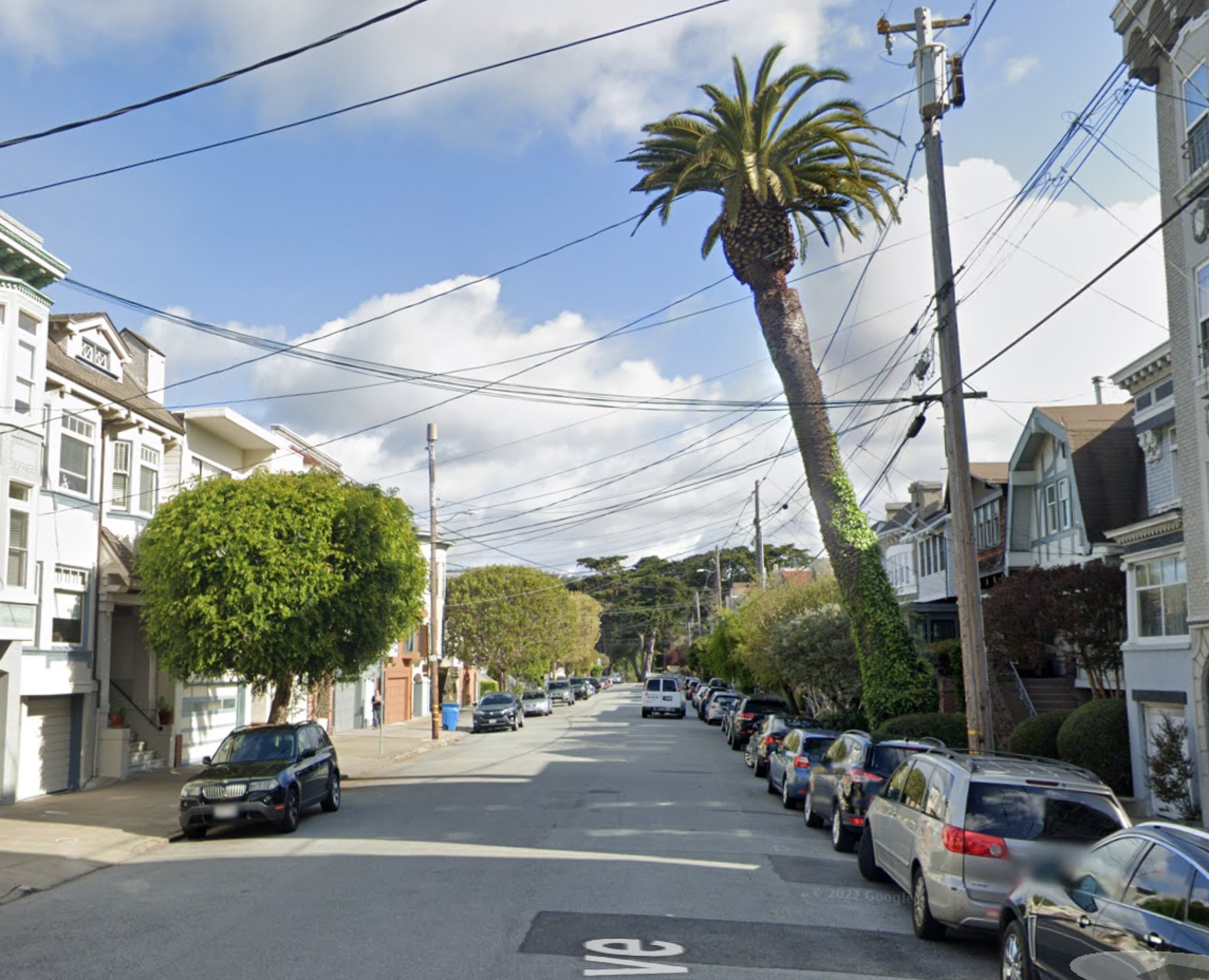 A quiet neighborhood street lined with parked cars, houses, green trees, and a tall palm tree under a partly cloudy blue sky.