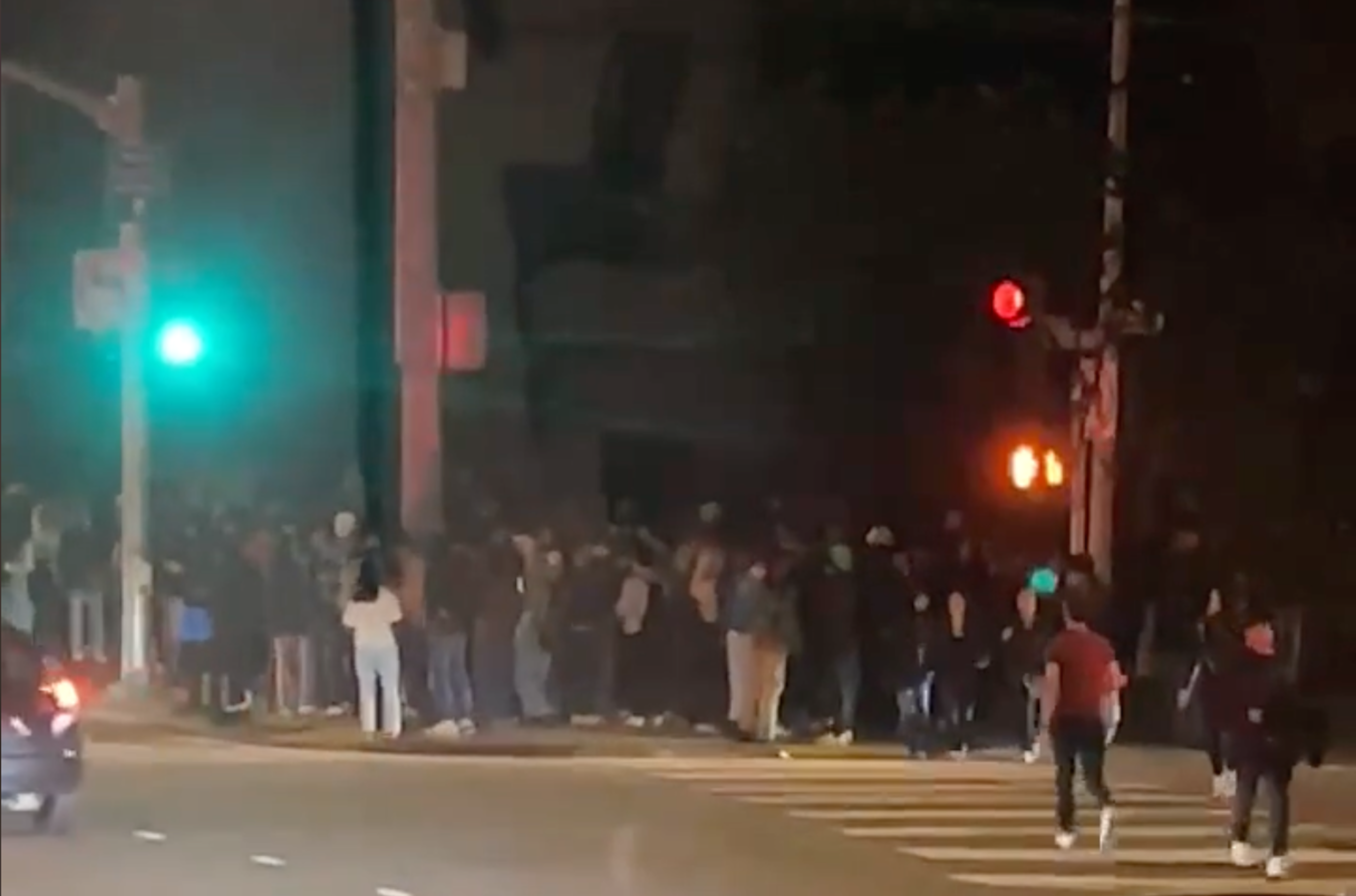 A large crowd of people wait at a street corner at night, with a green traffic light visible on the left and a red crossing signal on the right.