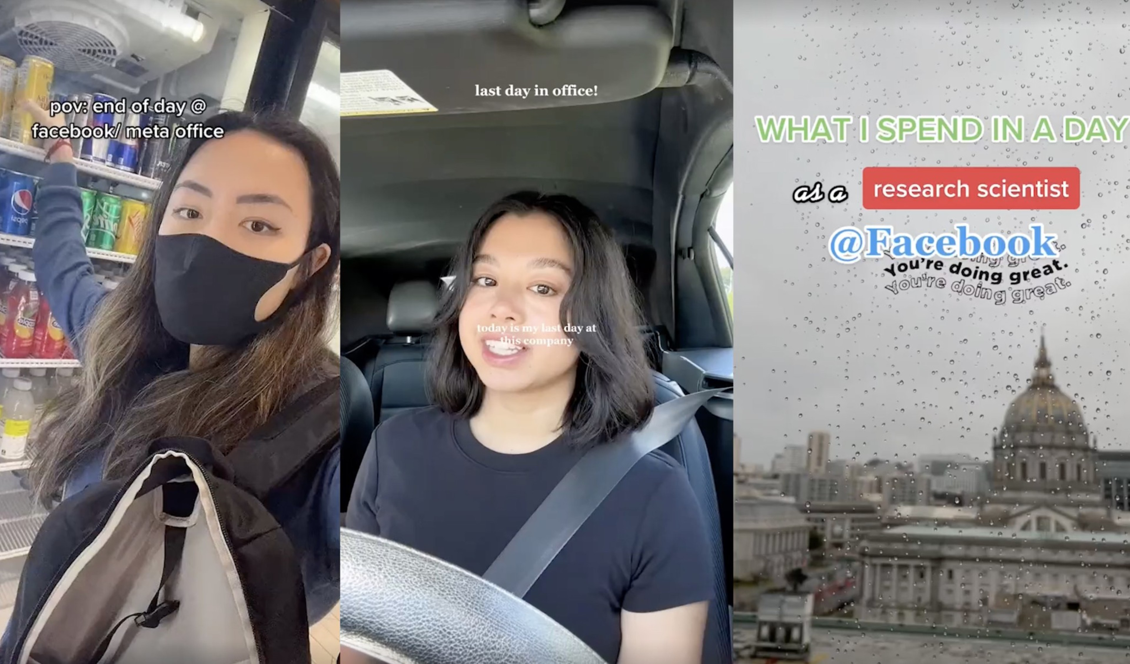 A woman wearing a black mask and backpack takes a selfie by a fridge, then smiles in a car with text about her last day at Facebook as a research scientist.