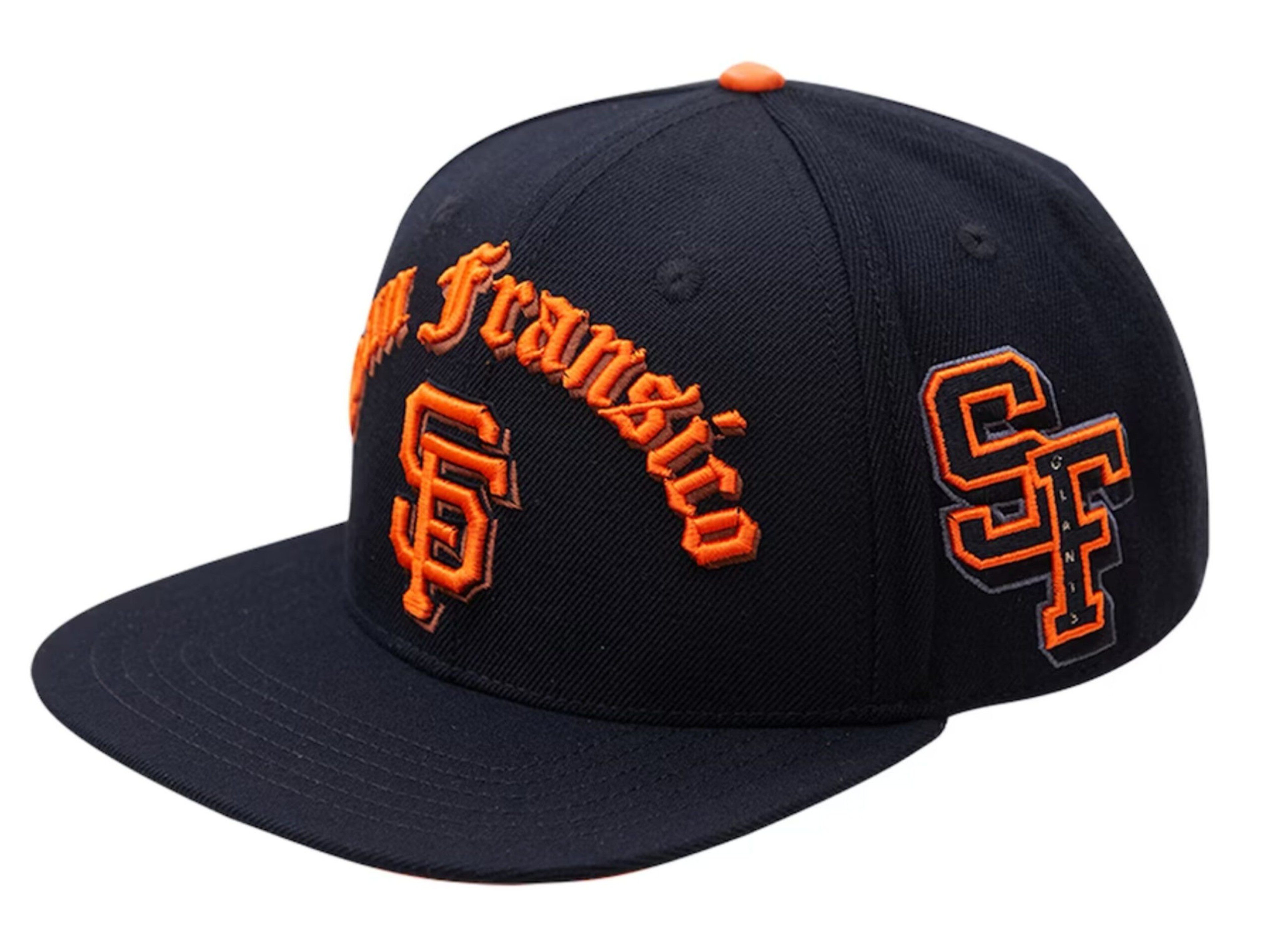 A black baseball cap with "San Francisco" embroidered in orange script on the front, featuring the orange "SF" logo below and on the side.