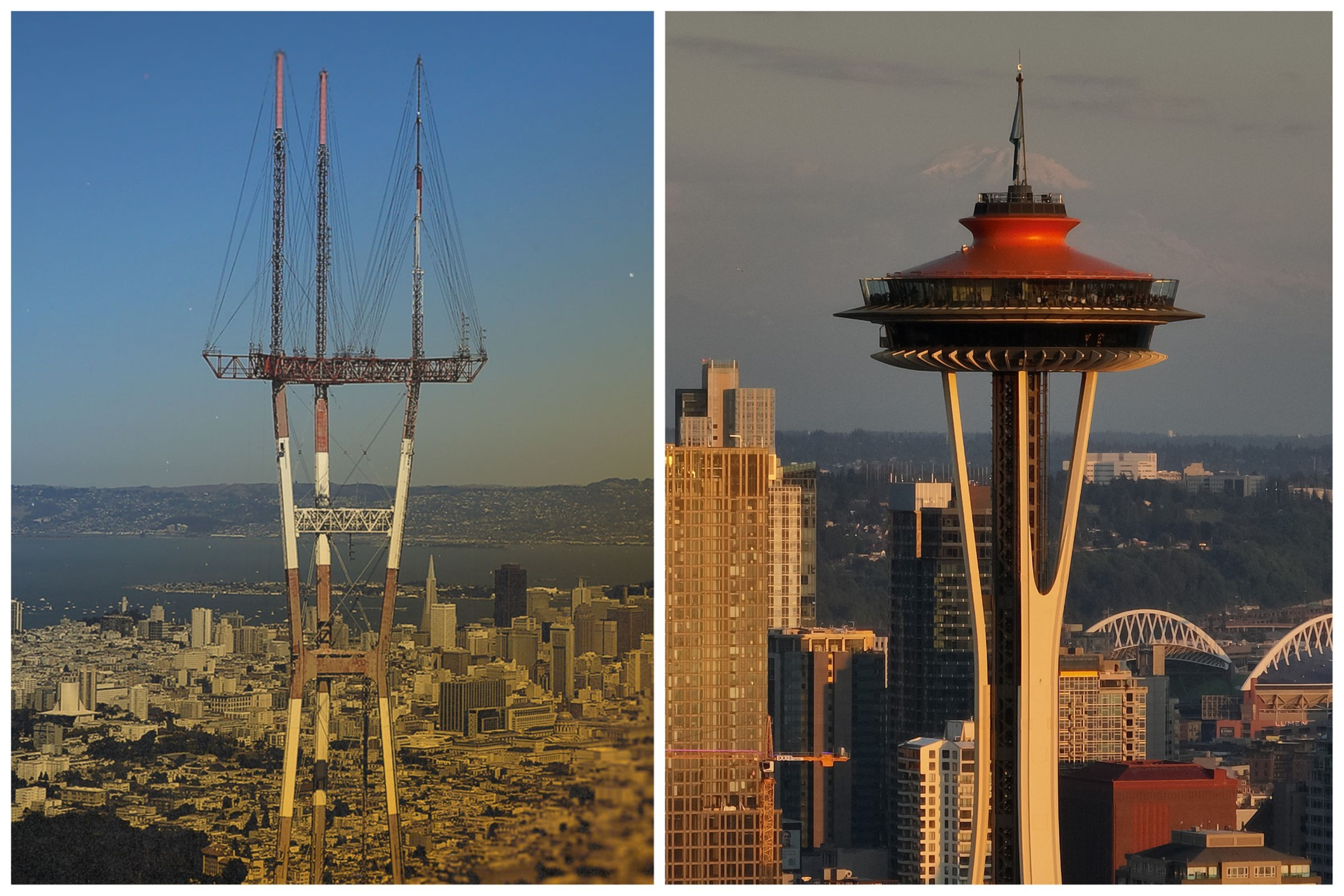 A tall, three-pronged radio tower stands over San Francisco cityscape on the left; the Space Needle towers above Seattle buildings on the right.