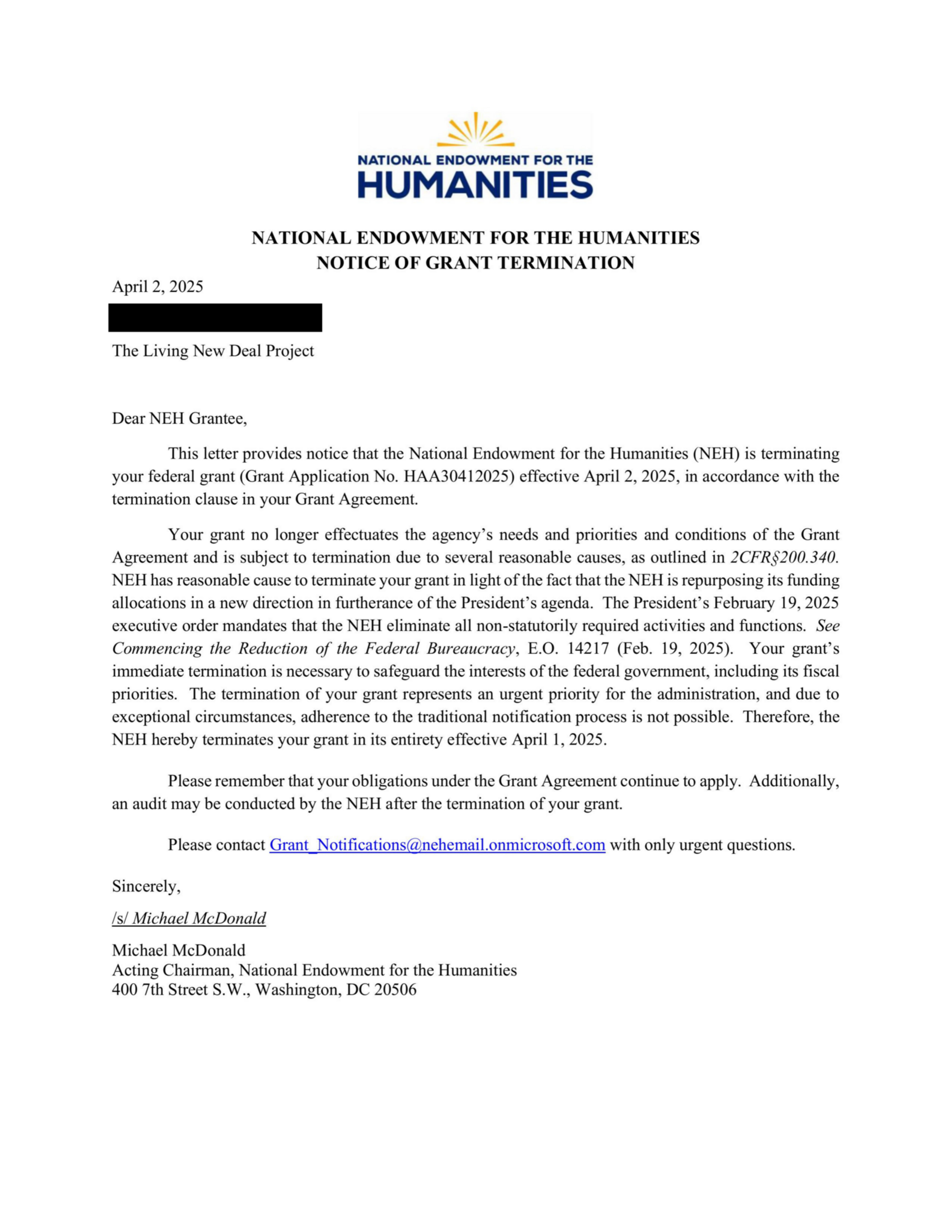 A letter from the National Endowment for the Humanities dated April 2, 2025, notifying the termination of a grant due to policy changes and funding redirection.