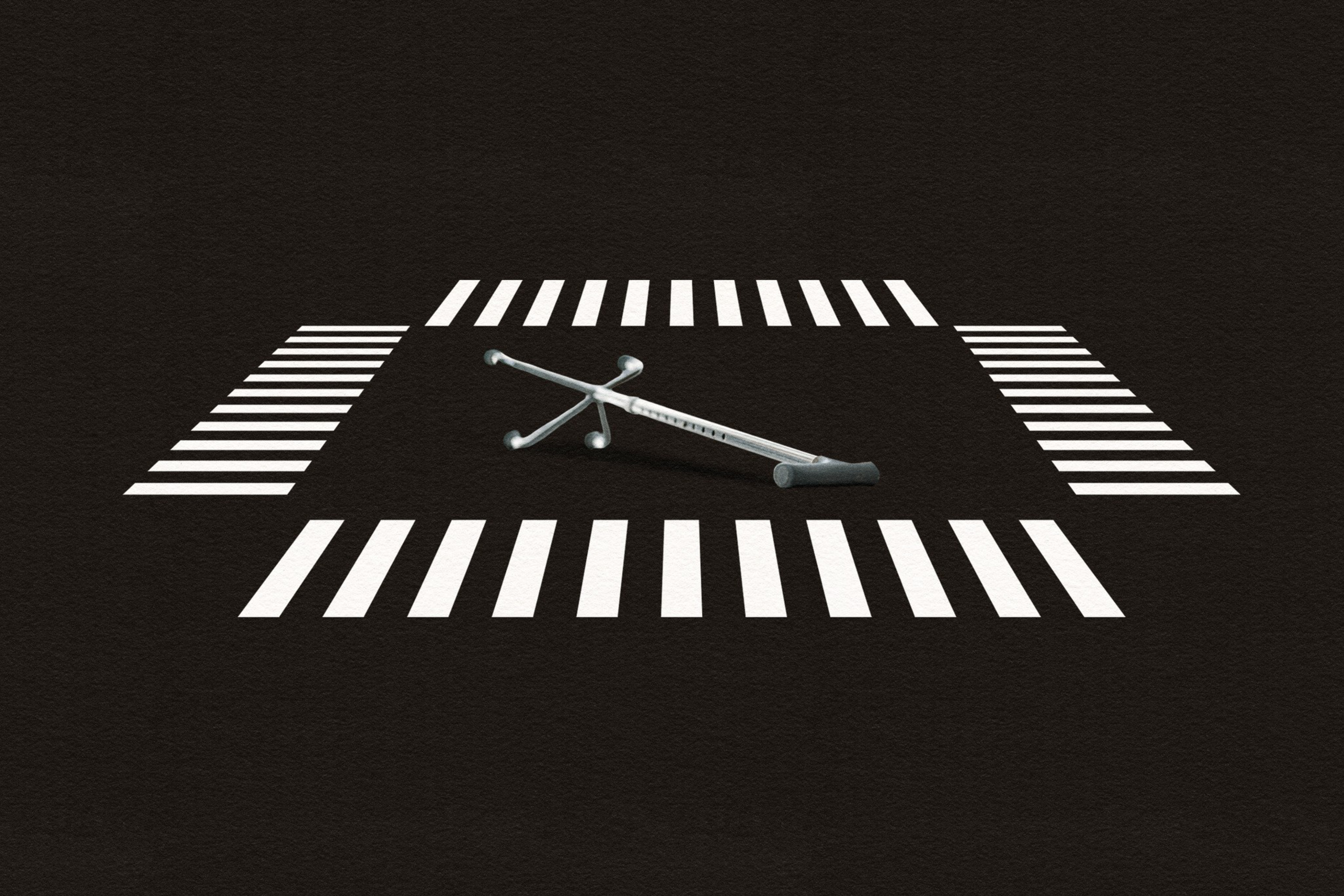 A photo illustration of a crosswalk with a tipped over cane.