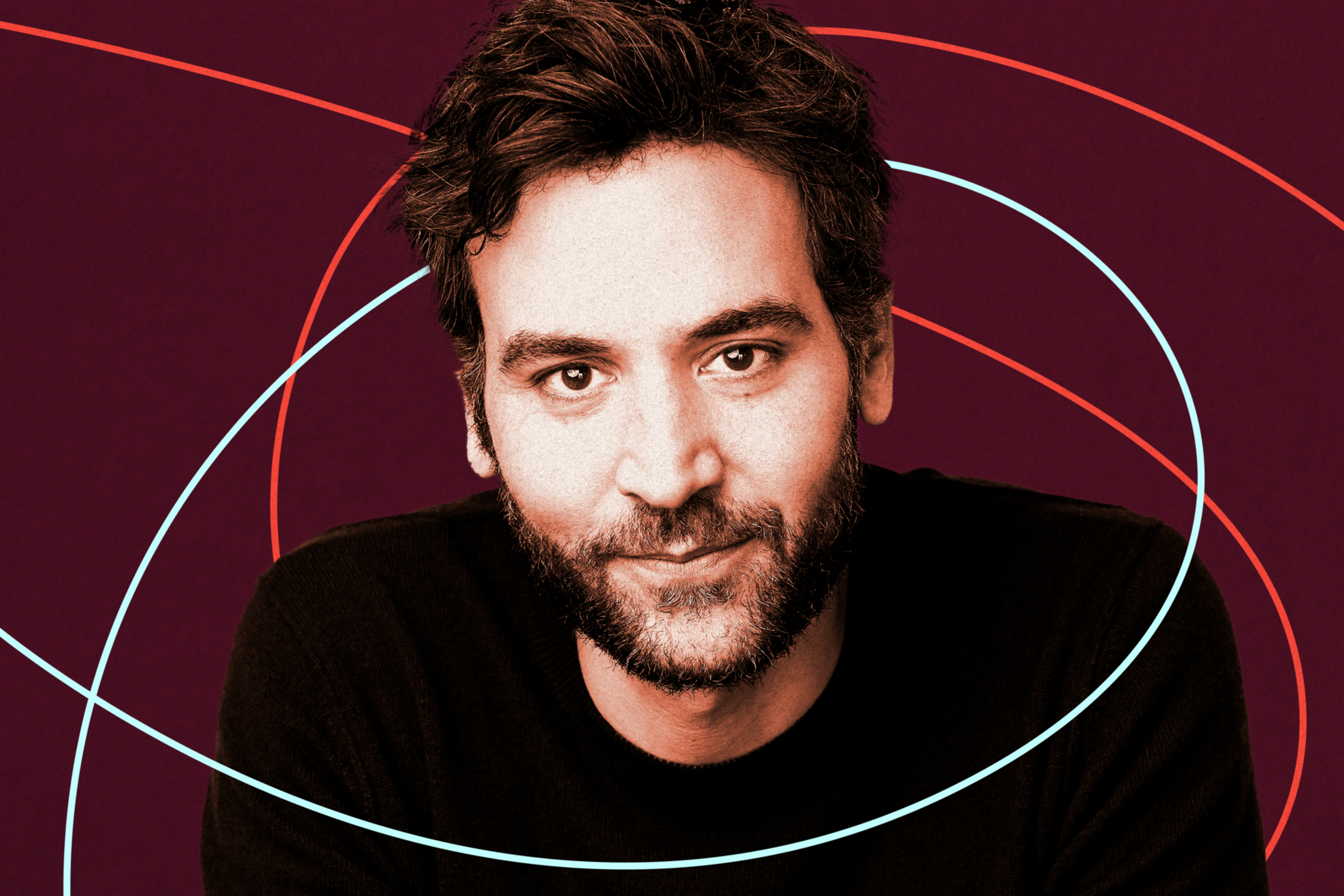 A man with dark hair and a beard wears a black shirt, smiling slightly, set against a maroon background with red and blue curved lines.