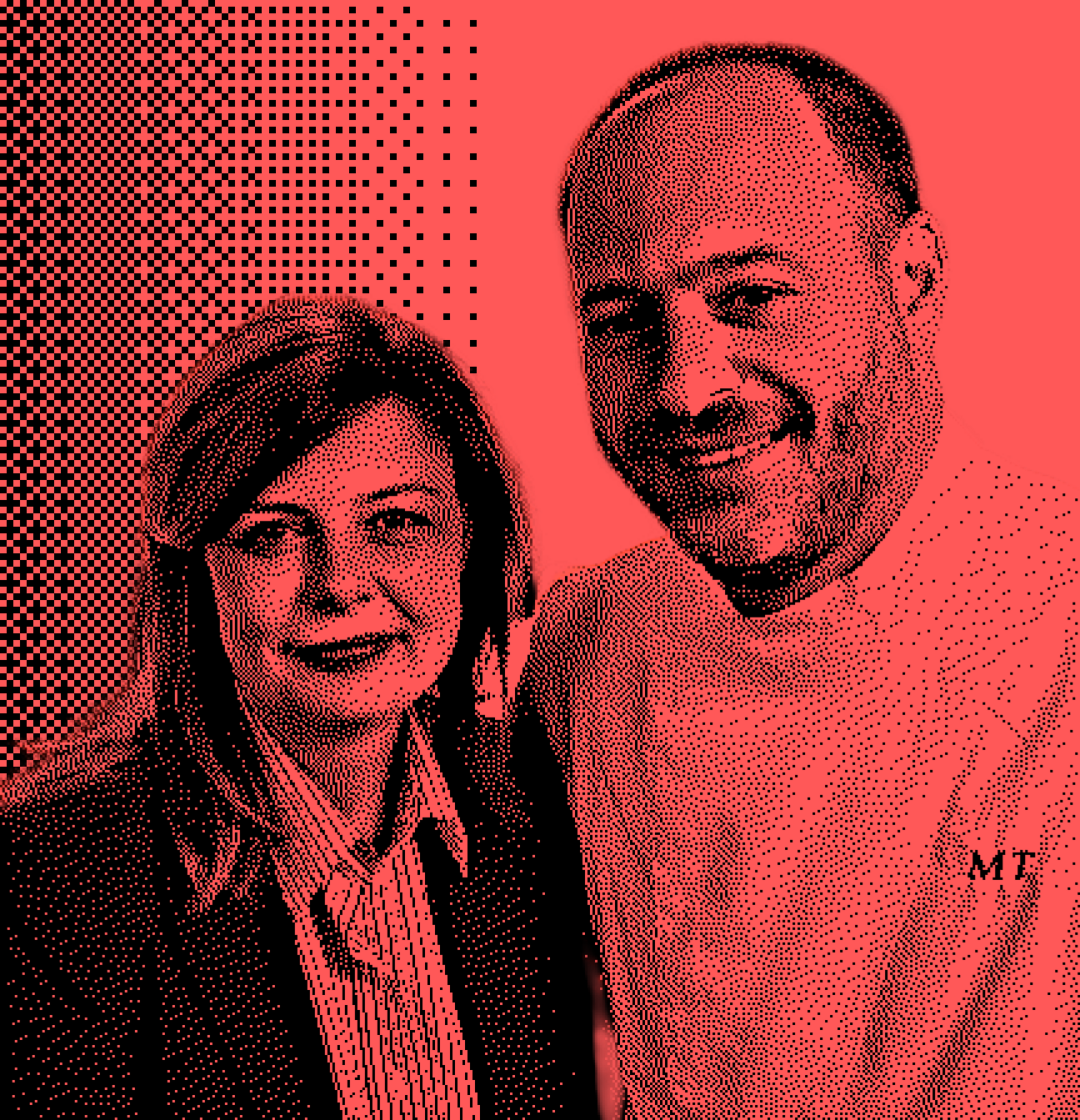 A man and a woman smile in a high-contrast, red-toned image. He wears a shirt with &quot;MT&quot; on it; she wears a blazer. The background features a dotted pattern.